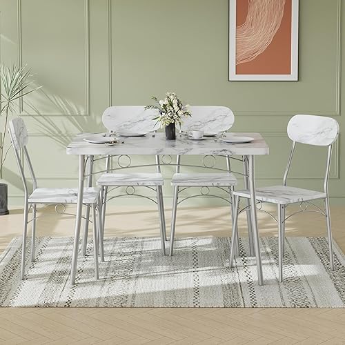 Miniatura 7 de VECELO Juego de mesa de comedor para 4, mesa de cocina de 5 piezas con 4 sillas, tablero MDF con marco de metal para espacios pequeños, comedor