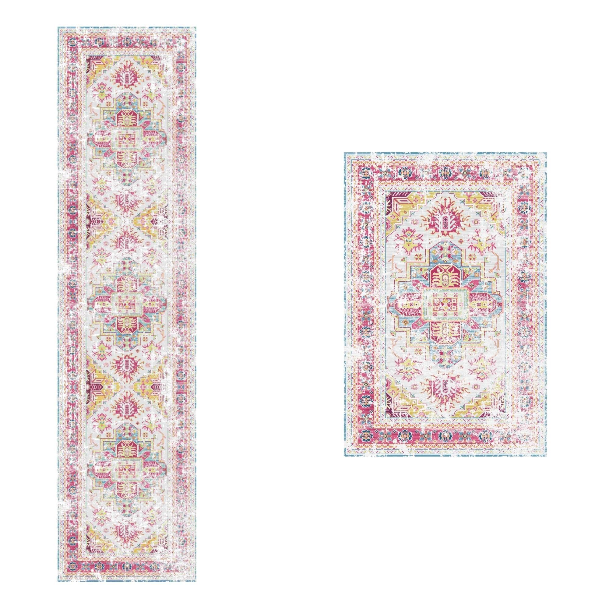 Pink Boho Rug Runners 2x8 and Area Rugs 2x3,Narrow Long Hallway Runners,Door Rugs for entryway Indoor Washable,Non Slip Rug with Rubber Backing,Oriental Carpet for Kitchen Bedroom Laundry Bathroom