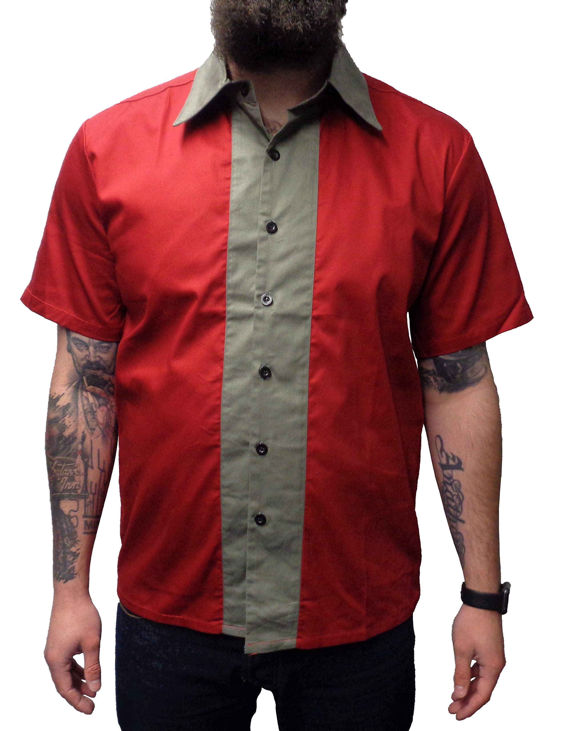 Mazeys Retro Rockabilly Bowling Shirts (Large, Grey n Burgundy)