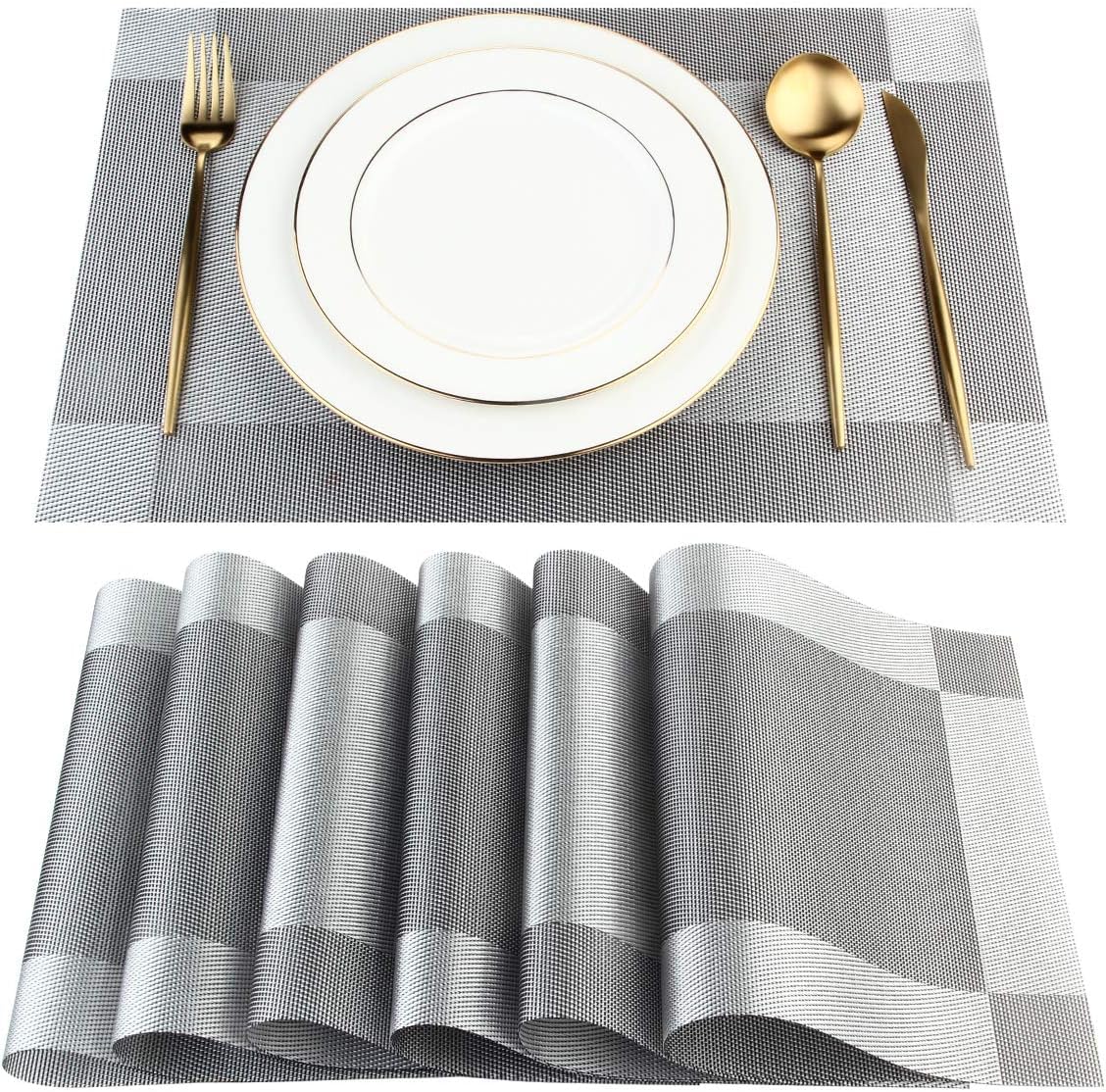 Placemats Set of 6 Dining Table Place Mats | Placemats Table Mat PVC Material | Non-Slip Heat Resistant | Dining Tablemates Washable Anti-Skid | Size 45 x 30cm (Square Grey)-image-30