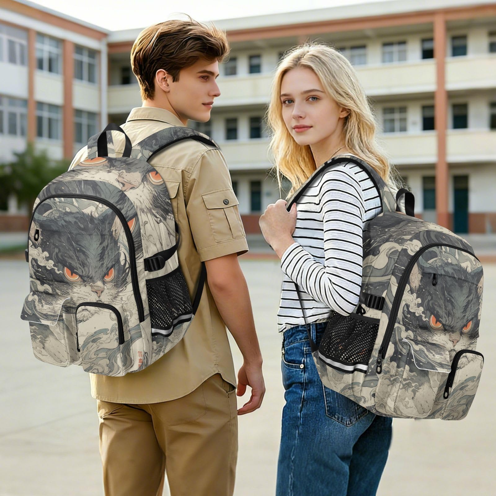 Sac à dos de voyage pour ordinateur portable de 17 à 5 pouces - Motif chat - Gris - Pour adolescents et garçons