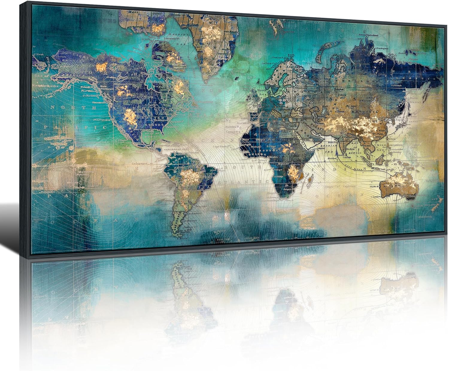 Pogusmavi world map wall art canvas wall art for office framed artwork for walls abstract wall art for living room green paintings pictures for bedroom wall decor 30x60 Black Framed World Ma