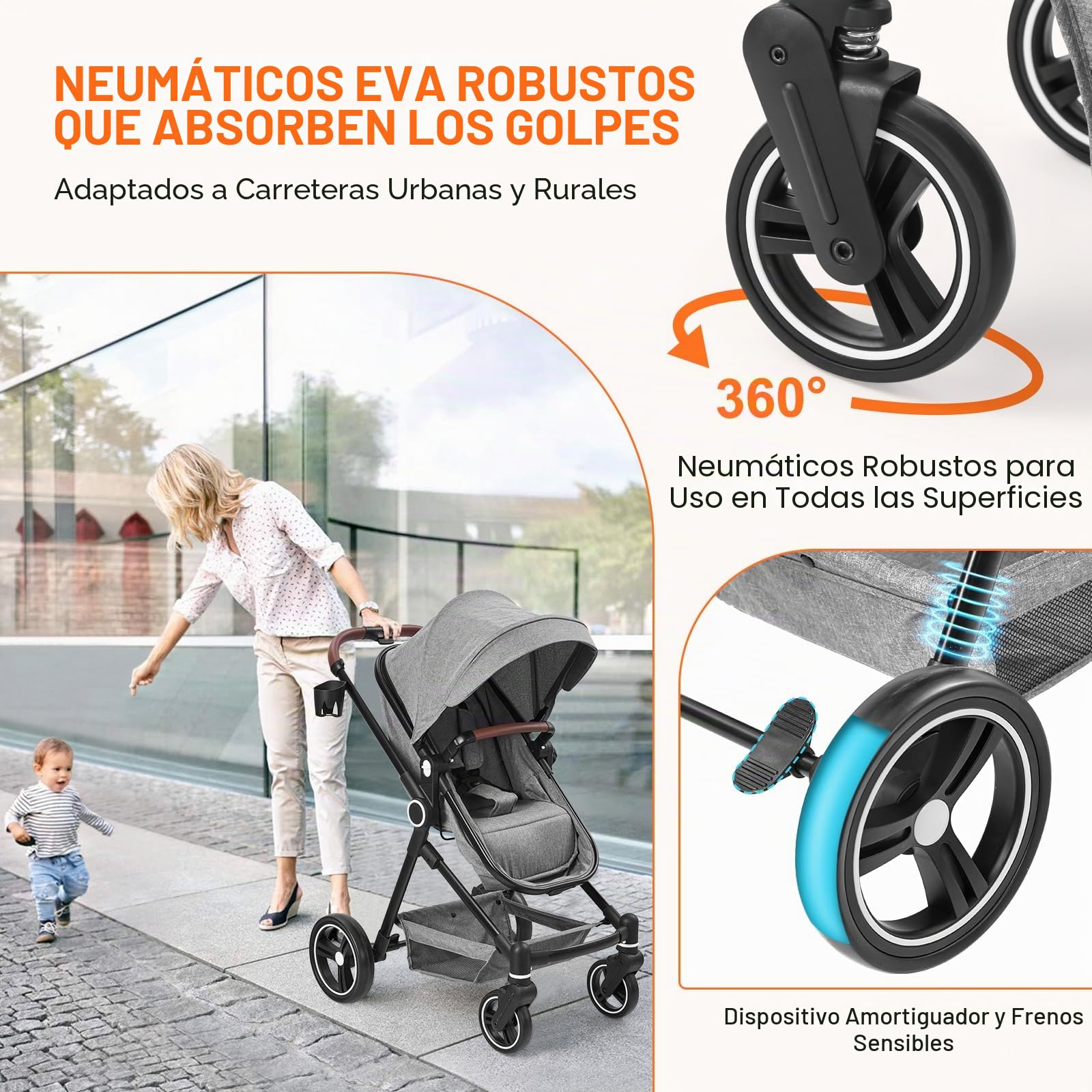 Cochecito 2 en 1, compacto y ligero, plegable, con asiento reclinable, capazo ajustable, para todo tipo de terrenos, 0-3 años (Gris)