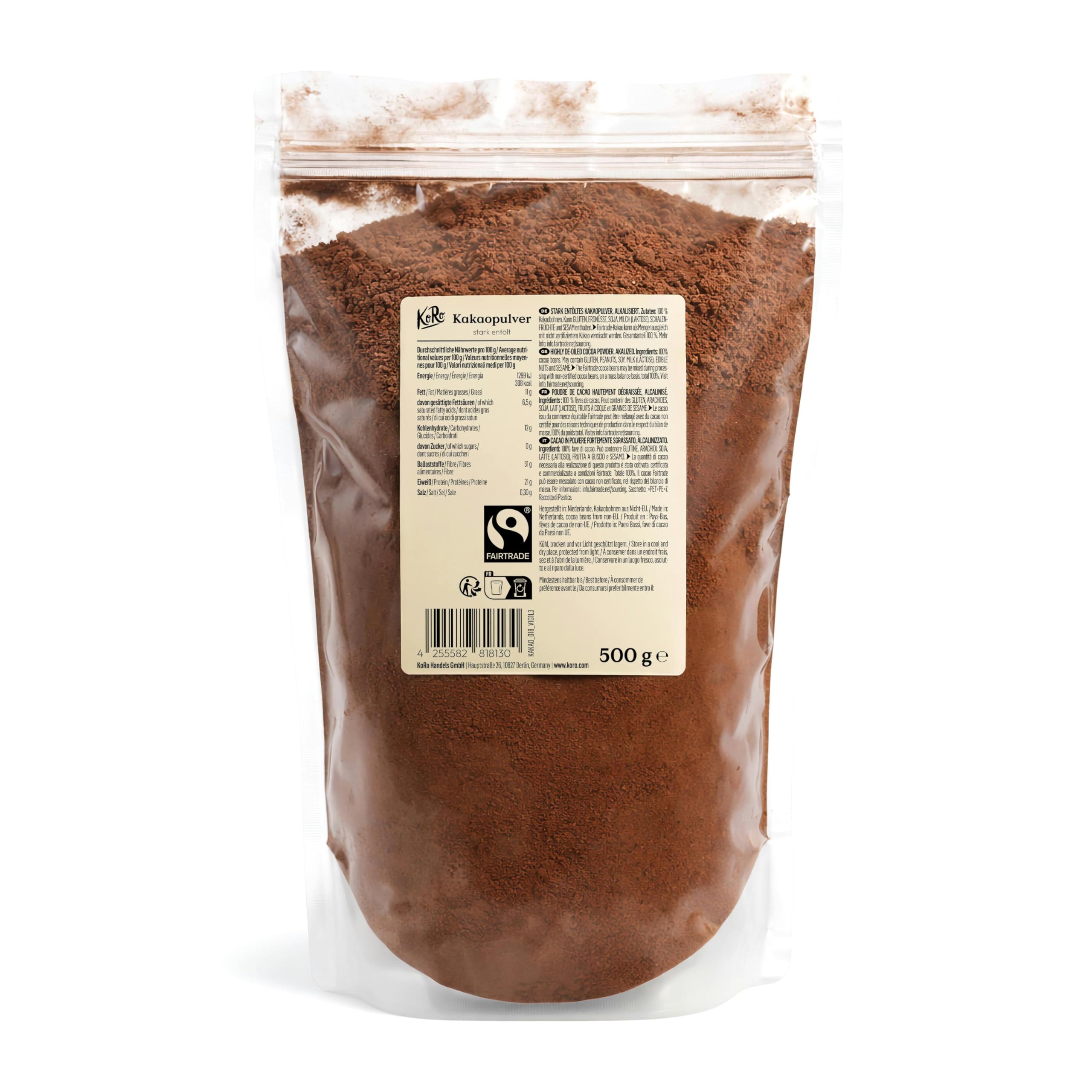 KoRo - Cacao in polvere fortemente sgrassato Fairtrade 500 g - 100% fave di cacao - Senza zuccheri aggiunti* - Ideale per la pasticceria e per la cioccolata calda