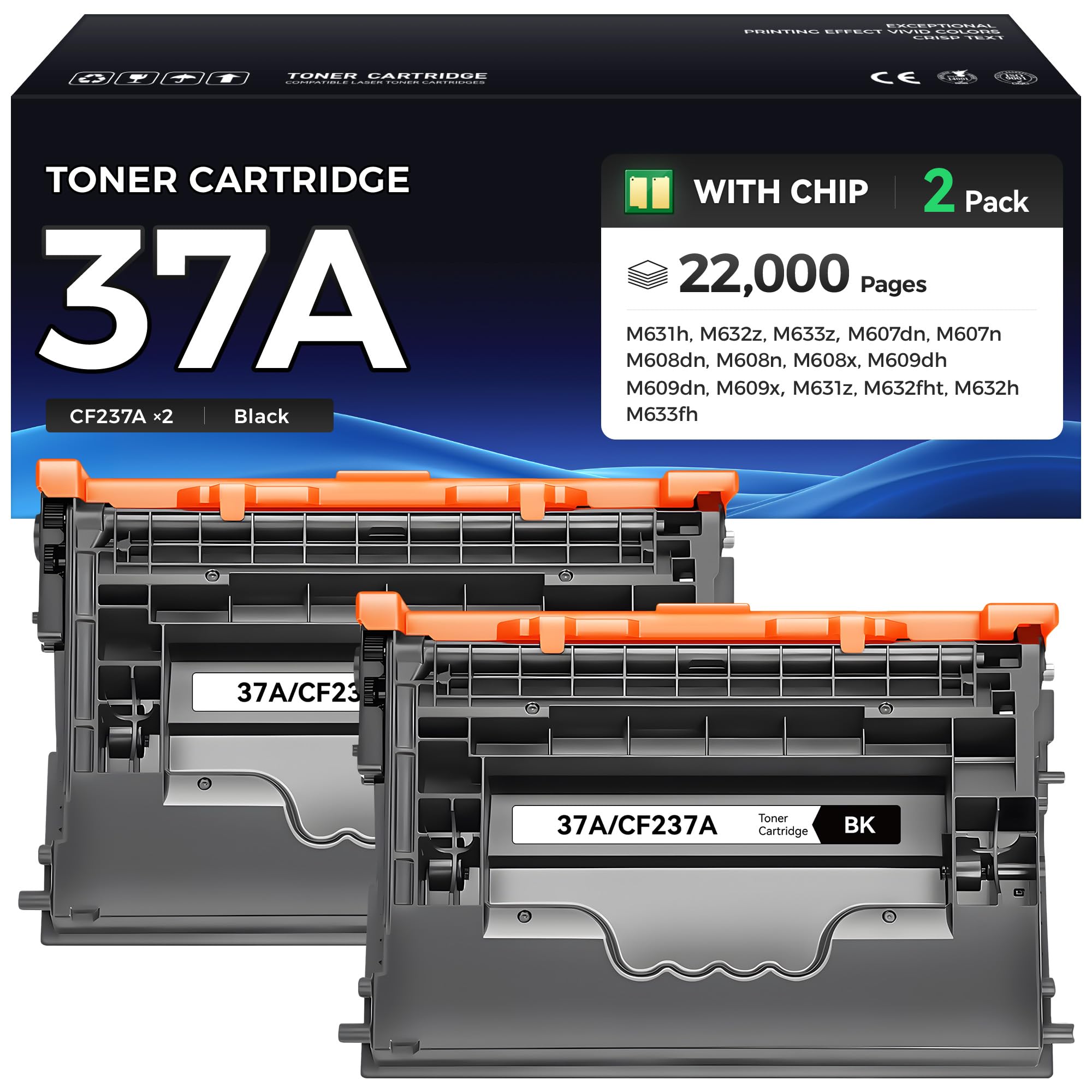 CF237A 37A Black Toner Cartridge 2-Pack Replacement for HP 37A CF237A 37X CF237X Toner Compatible with HP Laserjet Enterprise M607 M608 M609 MFP M631 M632 M633 Printer All-in-One dn n x dh z fht h fh
