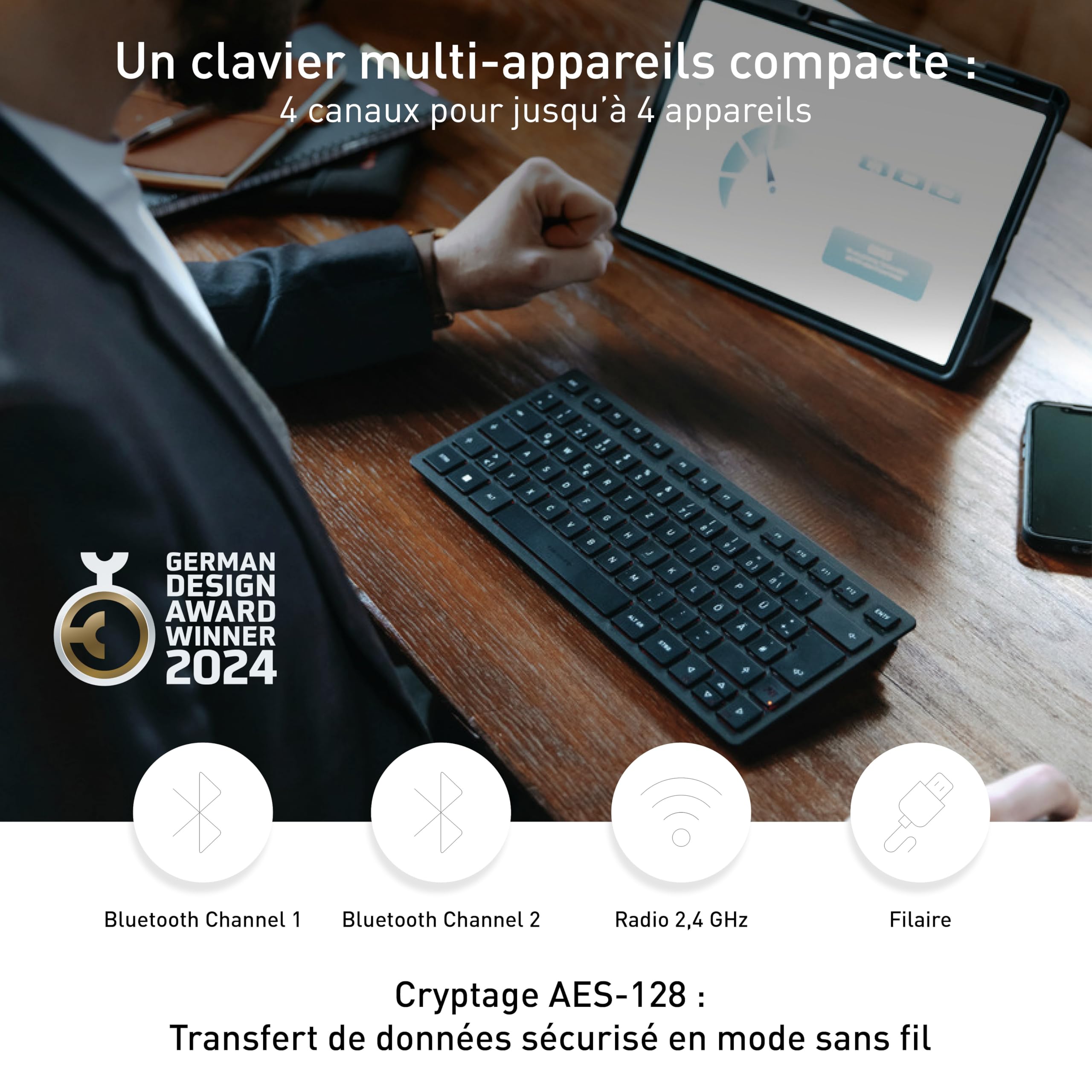 CHERRY KW 9200 Mini, Clavier Compact Multi-Appareils Jusqu’à 4 Appareils, Disposition Belge (AZERTY), Bluetooth, 2,4 GHz ou Filaire, Rechargeable, Noir