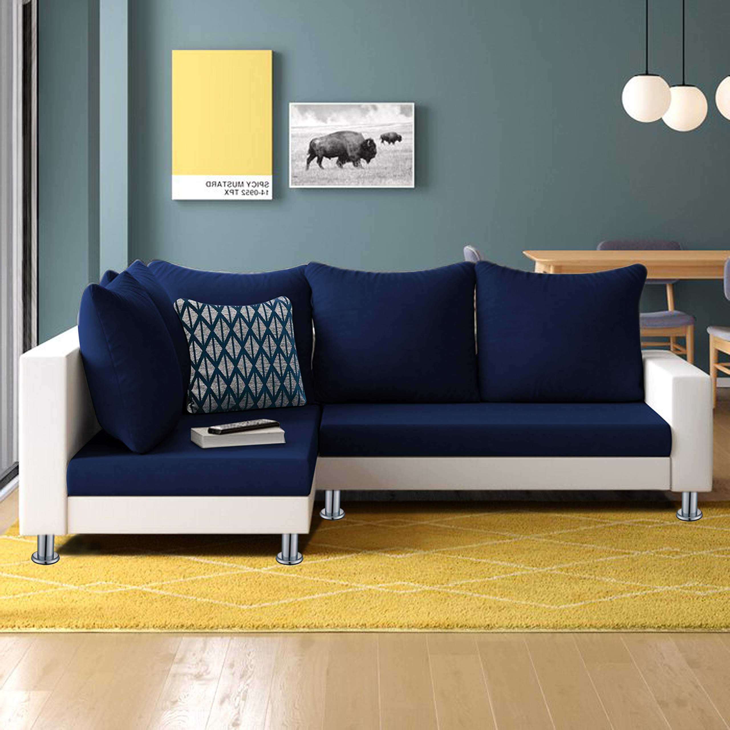 SofaArchitect Benten 5 Seater Leatherette & Fabric Corner Sofa Left Hand Side with Ottoman (Blue & White)