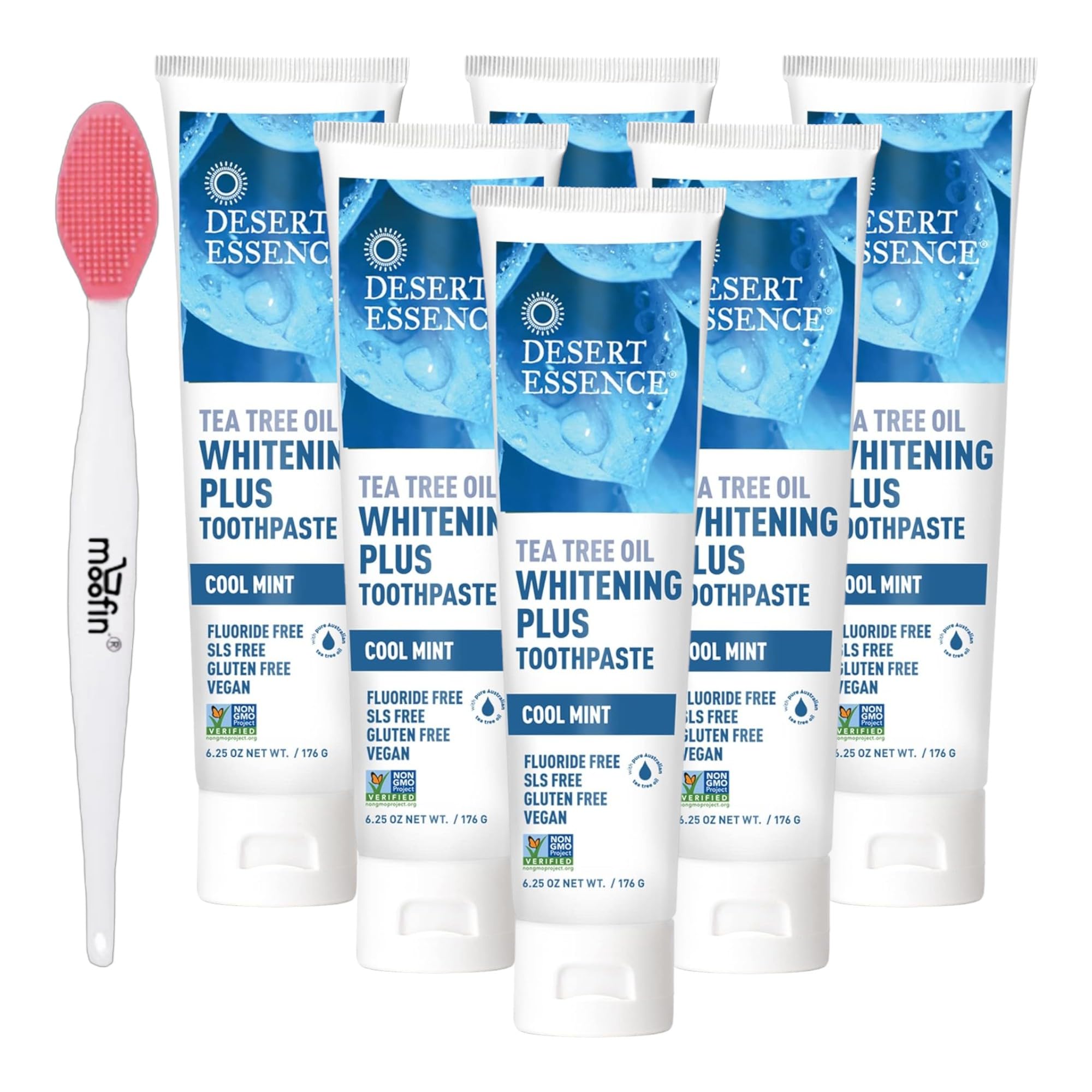 Bundle of Double Sided Nose Cleaning Brush - 15cm, and Natural Tea Tree Oil Whitening Plus Toothpaste - Cool Mint -, Pack of 6