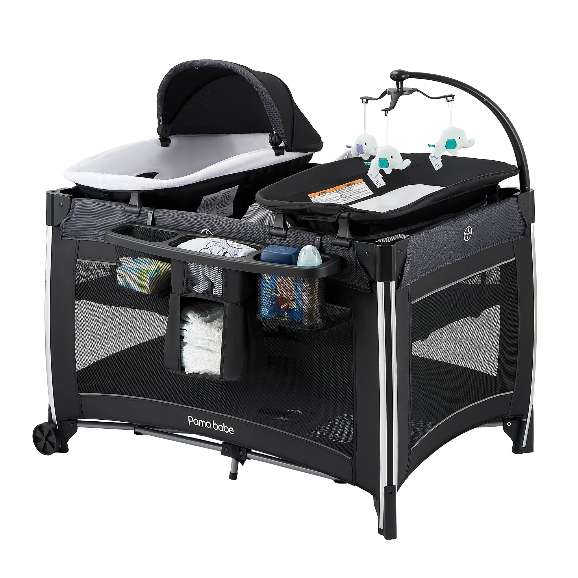 Pamo Babe 4 in 1 Baby Playards with Bassinet & Changing Table, Portable Crib Breathable Mesh and Toy Mobile