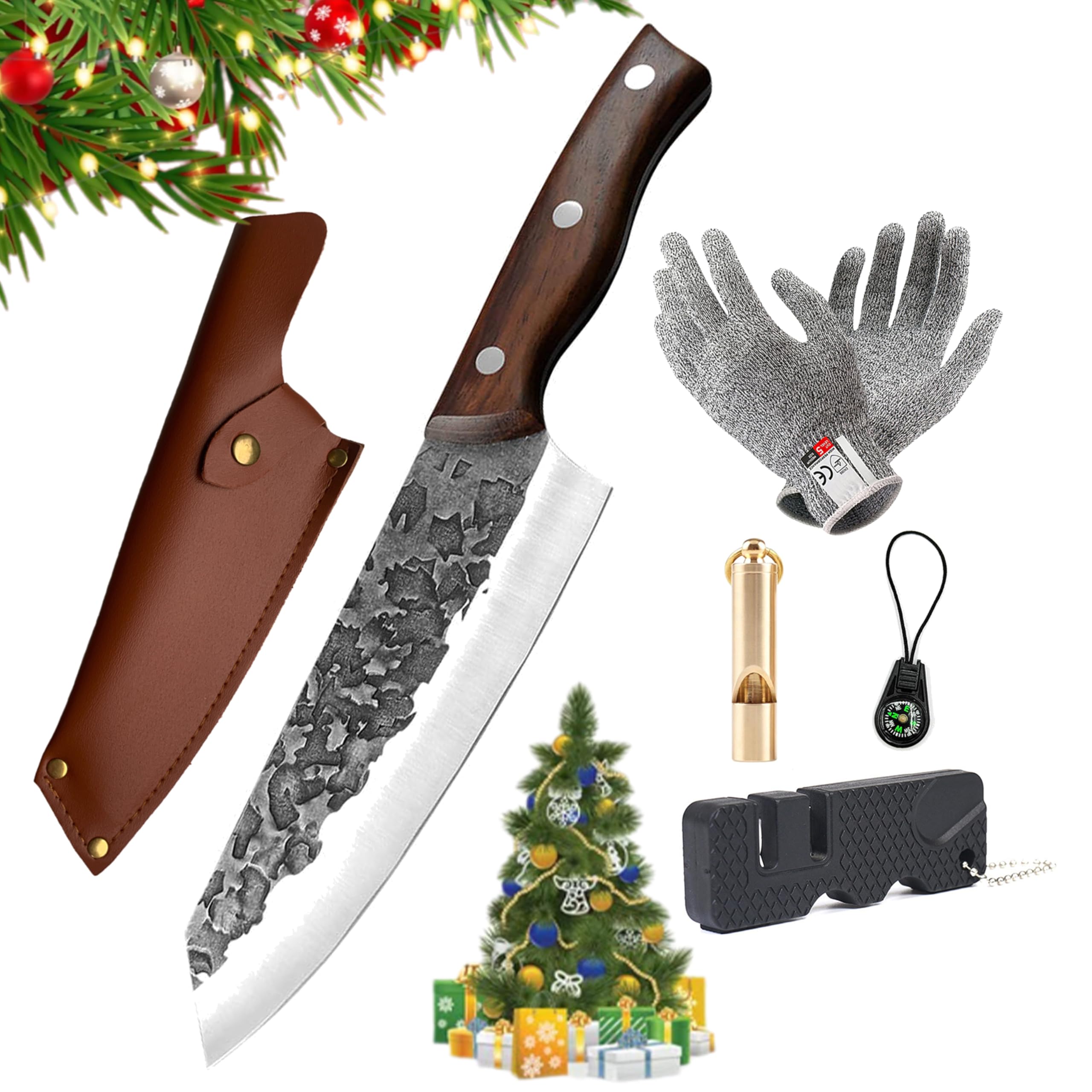BleezeBlessz Hand forged meat cleaver father's cleaver full tang chef's knife, knives with leather sheath and gift box high carbon steel knife for kitchen or camping Butcher Knife,Cooking Kitchen
