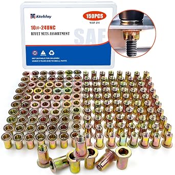 Rivet Nut, Ktehloy 150Pcs 10-24UNC Carbon Steel Flat Head Rivnut Threaded Insert Nut, Zinc Plated Carbon Steel Nut Inserts, Knurled Body 10-24