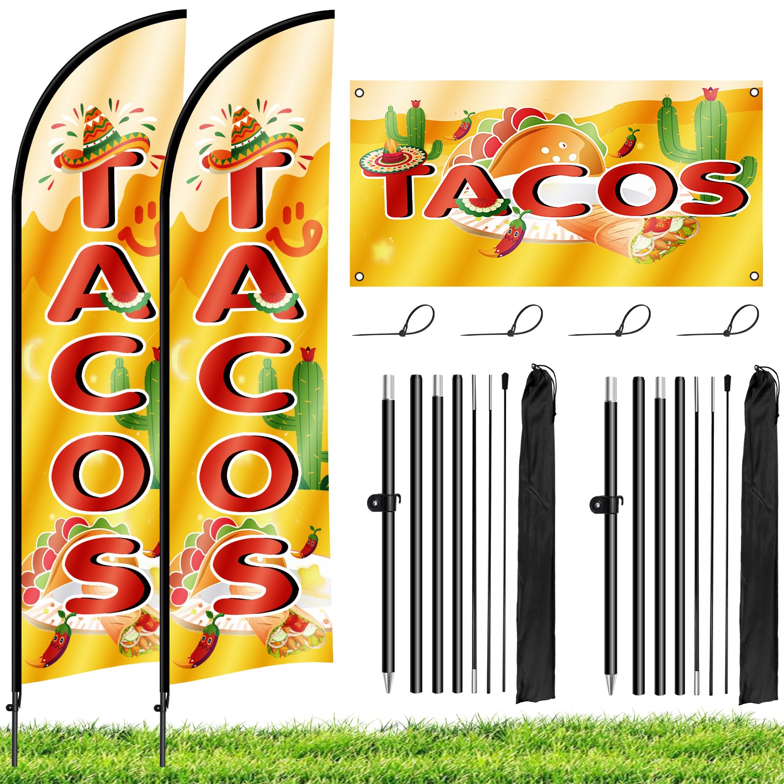 Kerty 2 Sets Tacos Feather Flag with Pole Kit, 8.2FT Mexican Food Swooper Flag Mexican Restaurant Advertising Feather Banner for Tacos Business
