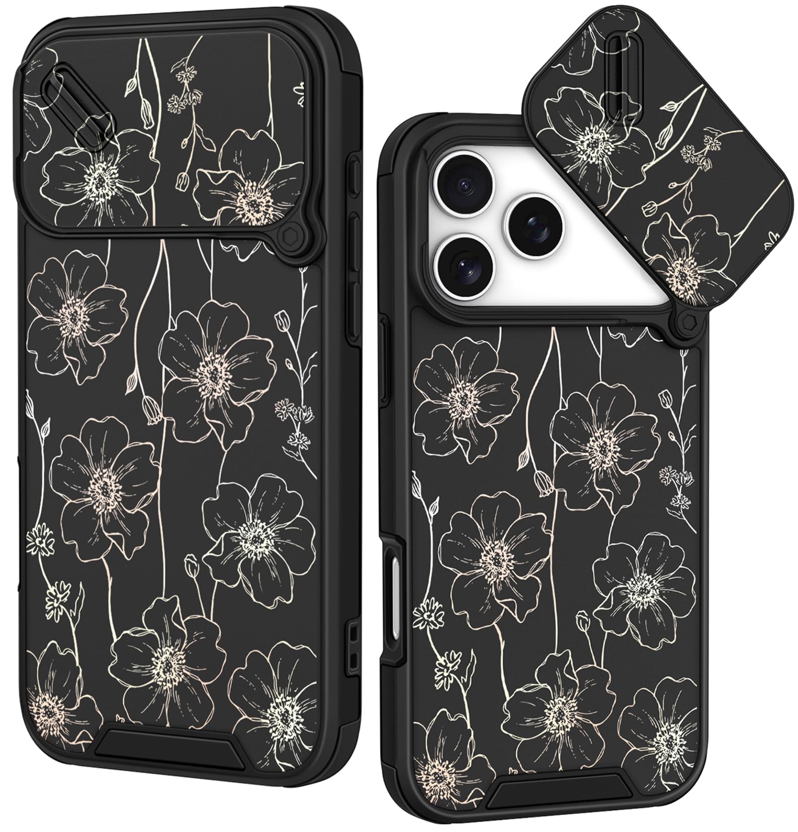 Funermei for iPhone 18 Pro/17 Pro Ring Stand Case, Line Flower