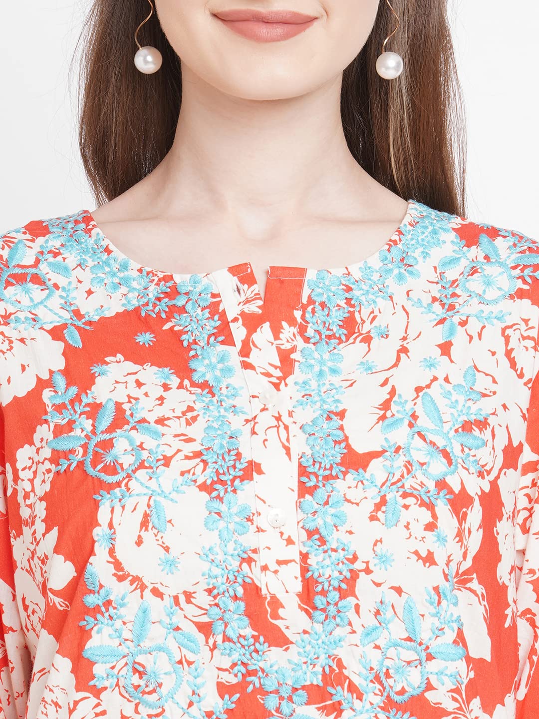 New Year Sale Cloth Haus India Women'S Embroidered Floral | 100% Pure Cotton | Long Kurta | 3/4 Sleeves | Round Neck