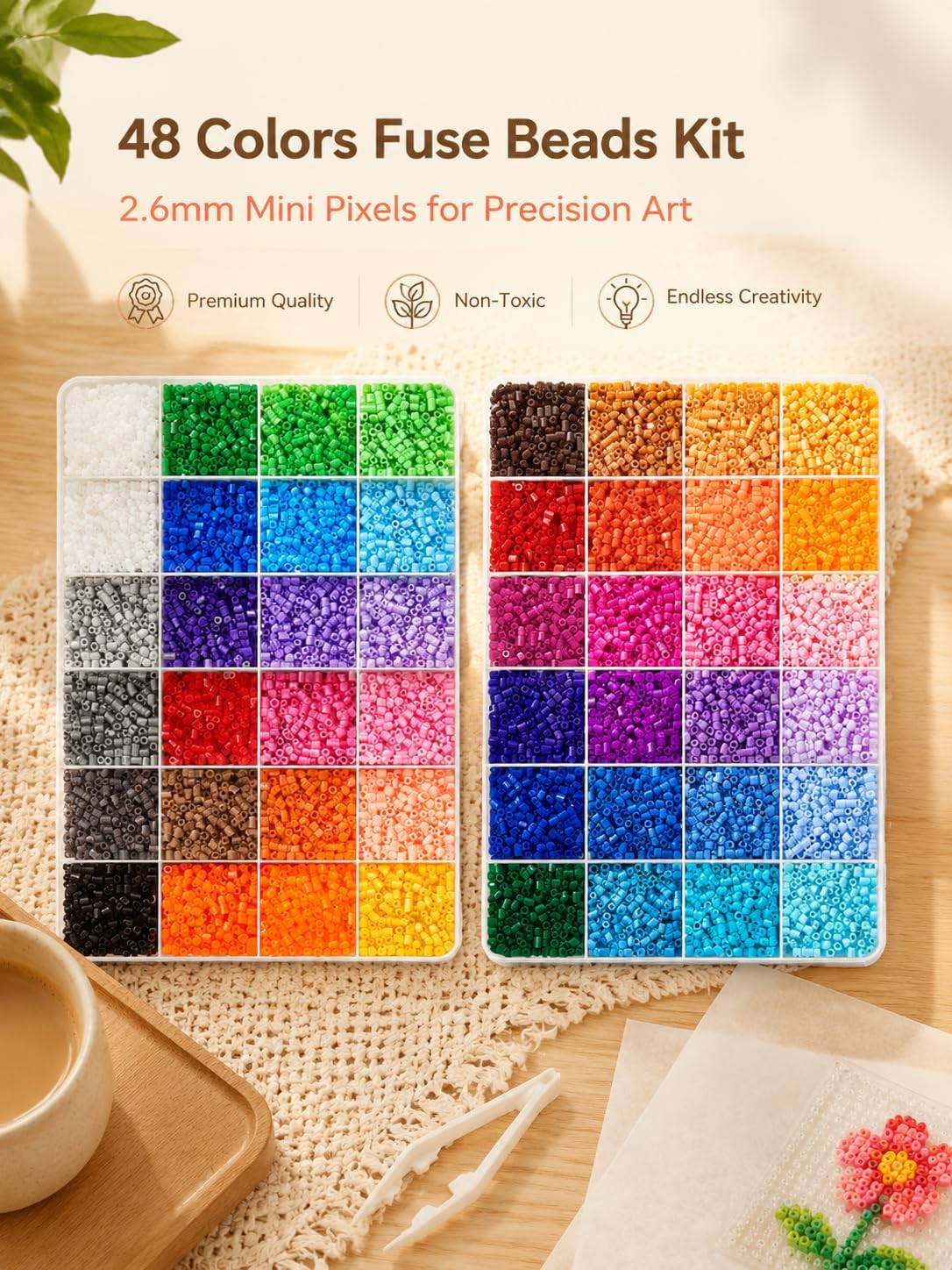 Mini Fuse Beads Kit, 17,200 pcs 2.6mm in 48 Colors with Pegboards, Ironing Paper, Tweezers & Tray, Ages 14+
