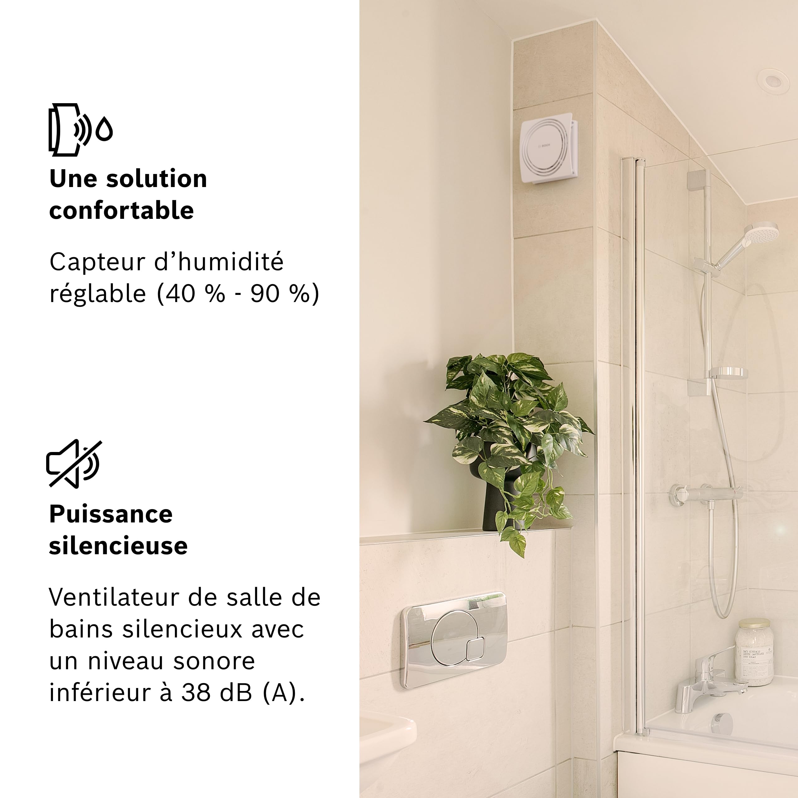 Bosch Ventilateur Silencieux de Salle de Bain 1900 DH 125mm - Pour la Salle de Bains et des Toilettes, contre l'Humidité et la Moisissure – Avec Capteur d'Humidité et Minuterie – Diamètre 125 mm