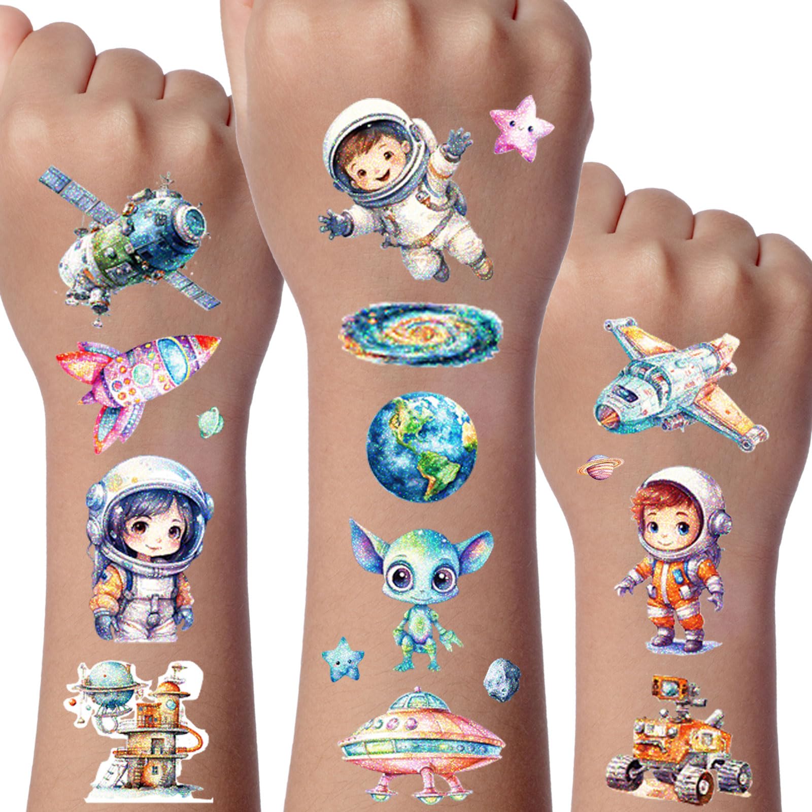 Space Glitter Tattoo for Kid 12 Sheets Temporary Tattoos for Kids Gifts for Boys Girls Party Bags Fillers Gifts
