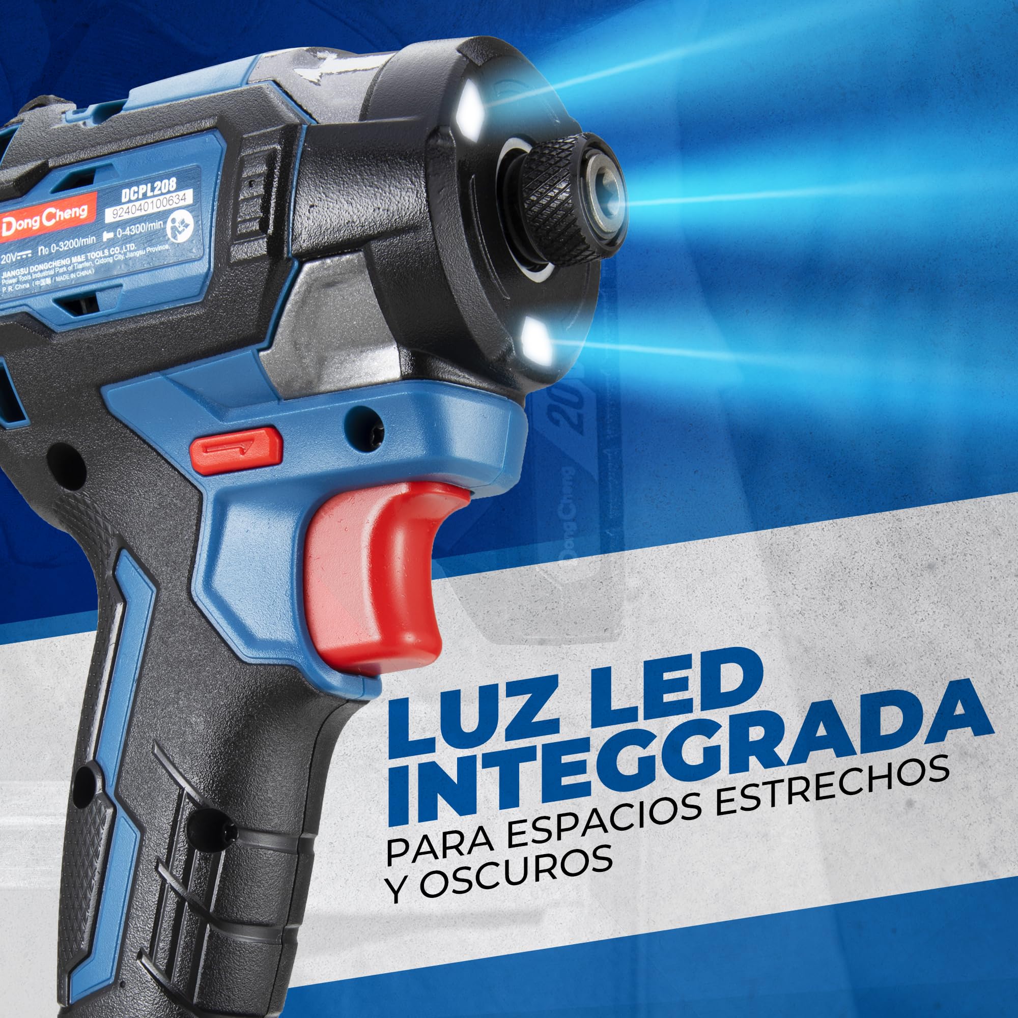 Atornillador de Impacto Dong Cheng 18V sin Escobillas, 208Nm, Modo Autoperforante, 3200 rpm, 4300 ipm, Portabrocas Hex 1/4", 3 Velocidades, con 2 Baterías de 2.0 Ah