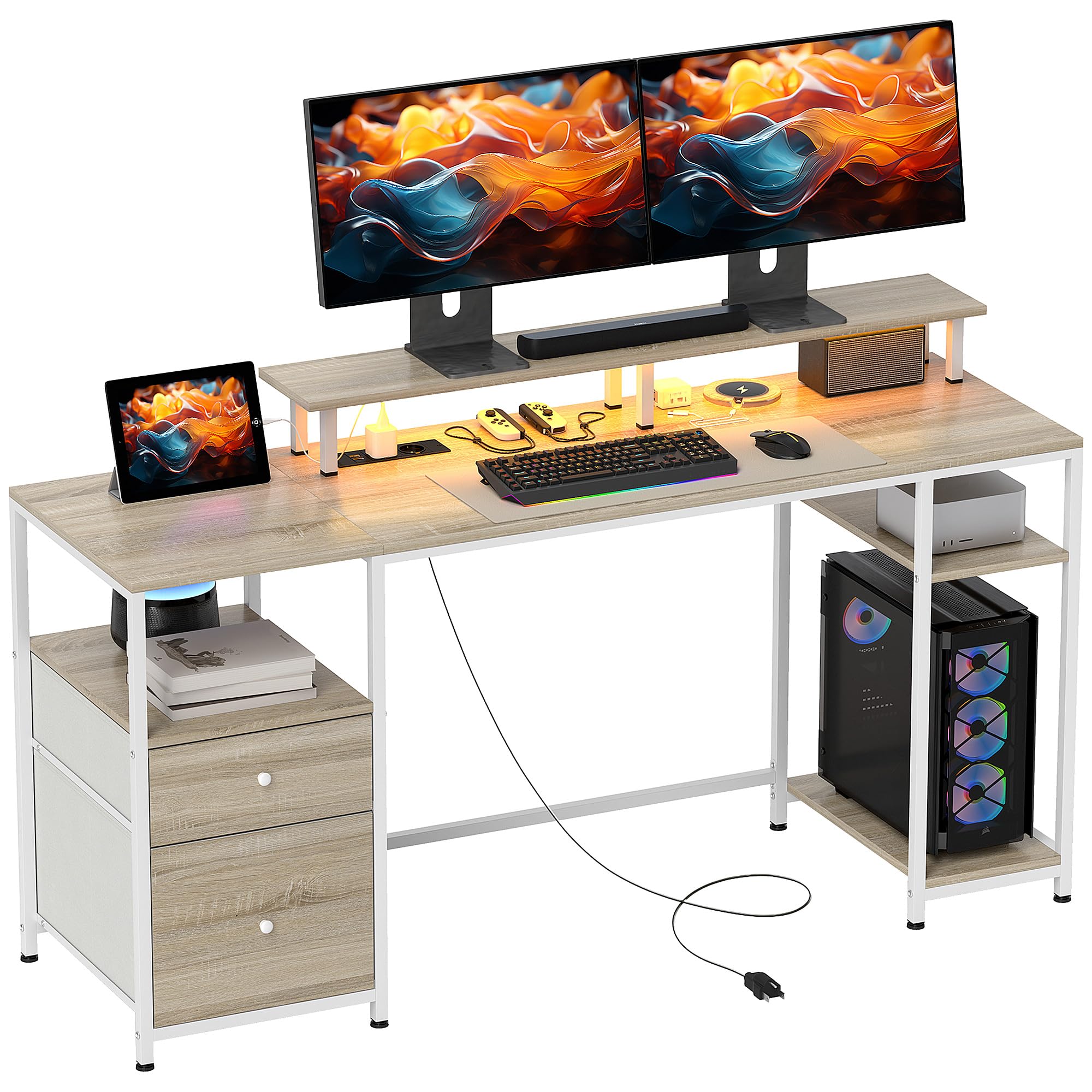 HOMCOM Mesa de Escritorio Mesa de Ordenador con Luces LED Estantes Cajones Tomas de Corriente Puertos USB y Soporte para Monitor para Oficina Estudio 155,​5x48x88,​5 cm Natural