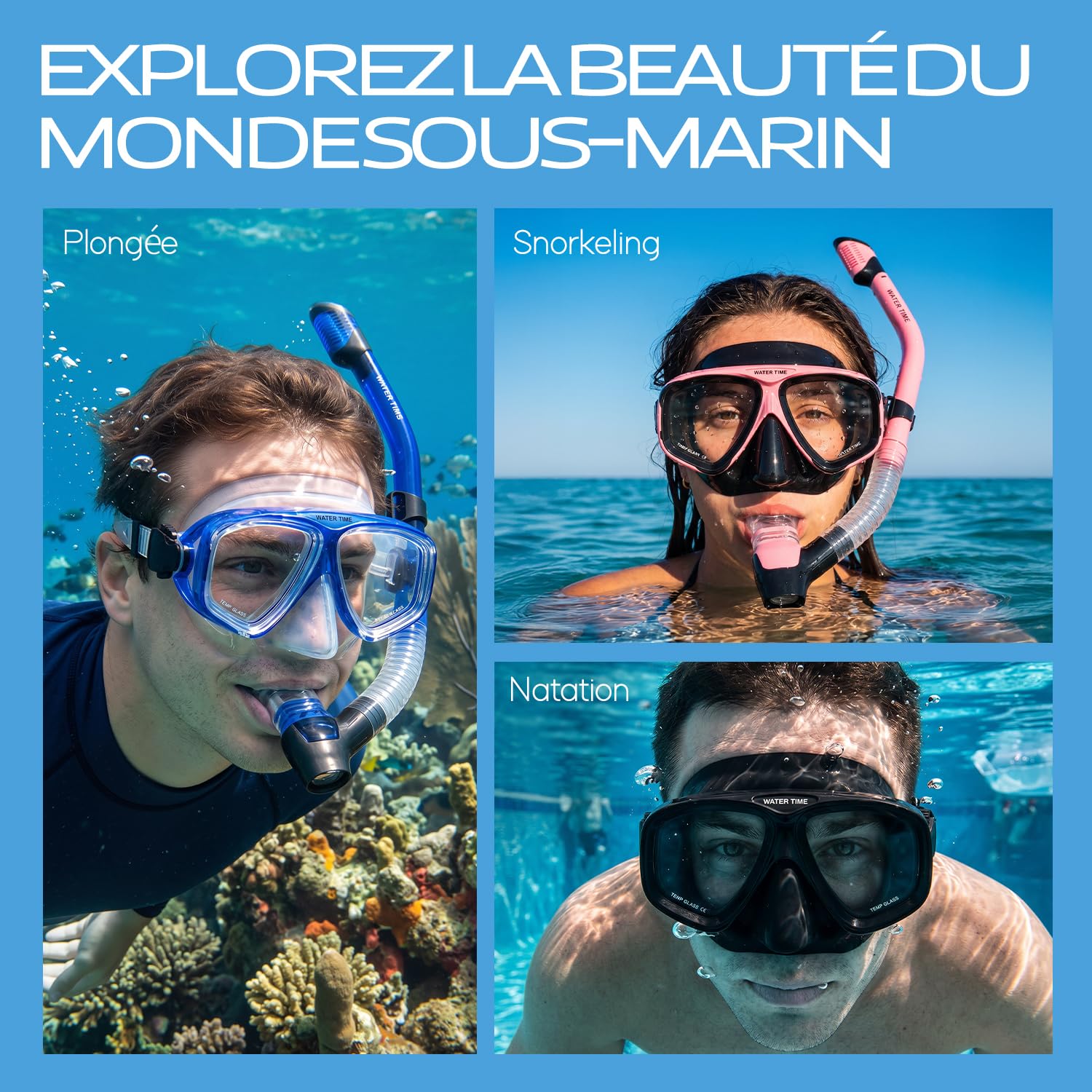 Set de Snorkeling pour Adultes – Masque en Verre Trempé, Tuba Sec avec Valve de Purge, Anti-Buée, Étanchéité Confortable dès 12 Ans