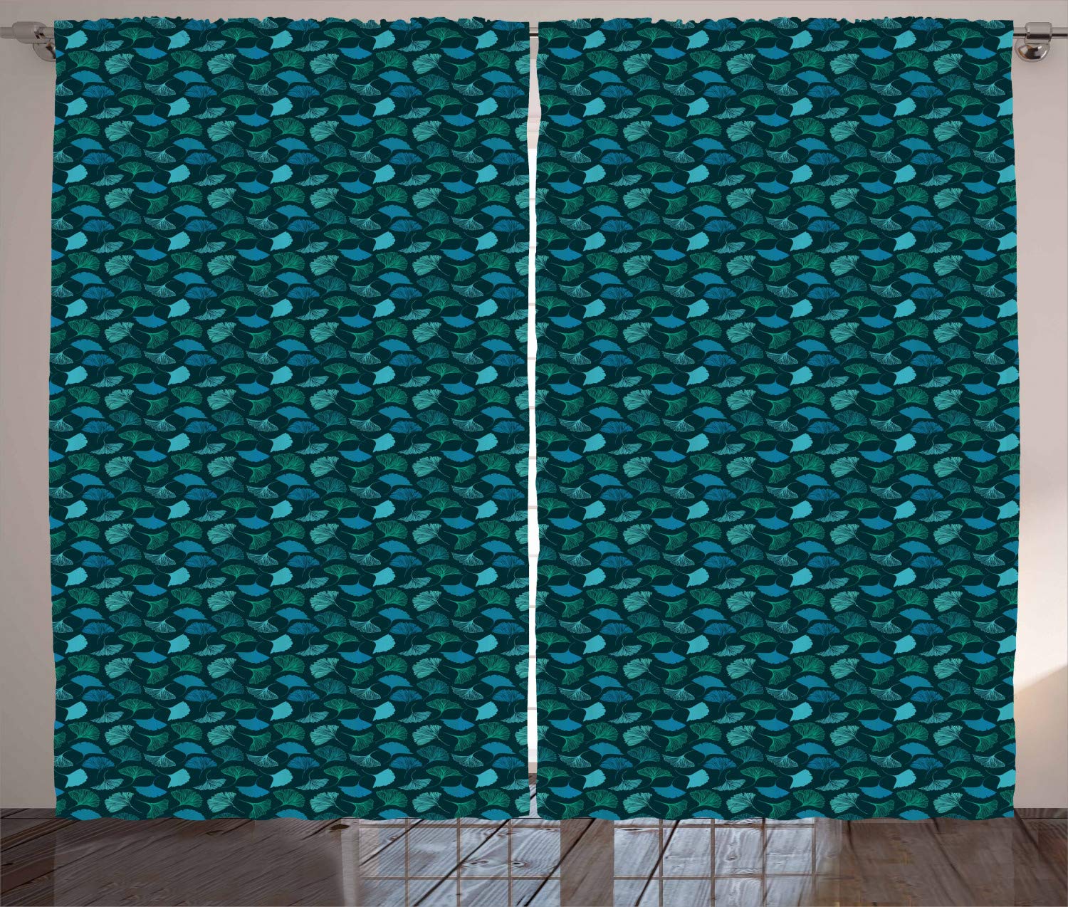 ABAKUHAUS Tropical Curtains, Aqua Color Line Art Exotic Ginkgo Leaves Repeating Pattern, Living Room Bedroom Window Drapes 2 Panel Set, 280 x 175 cm, Turquoise Dark Teal Petrol Blue