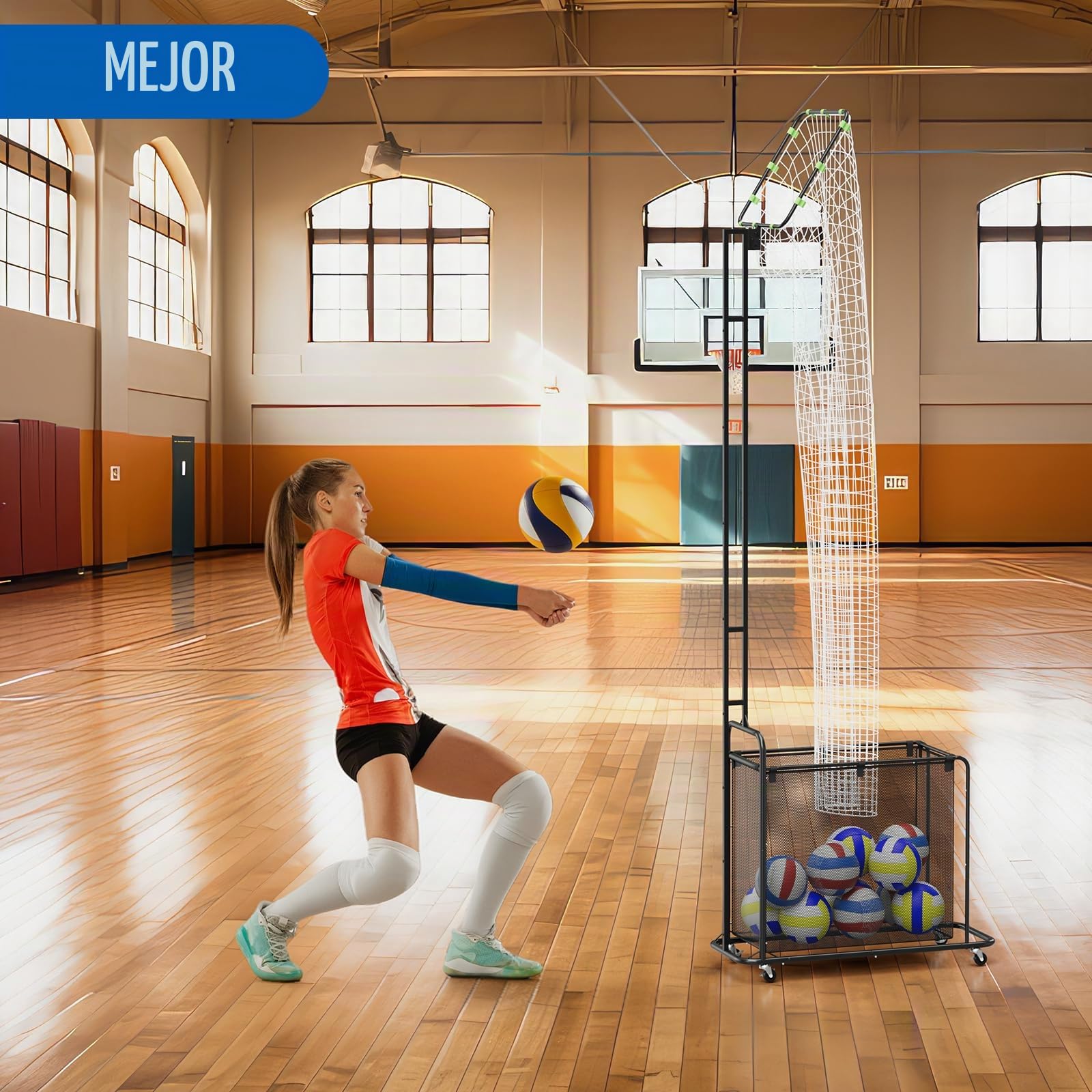 Entrenador de Voleibol con Ruedas, Red de Entrenamiento con Altura Ajustable (1.7-2.8m) y Ángulo Ajustable, Sistema de Práctica de Saque y Remate con Recogepelotas Integrado para Interior y Exterior