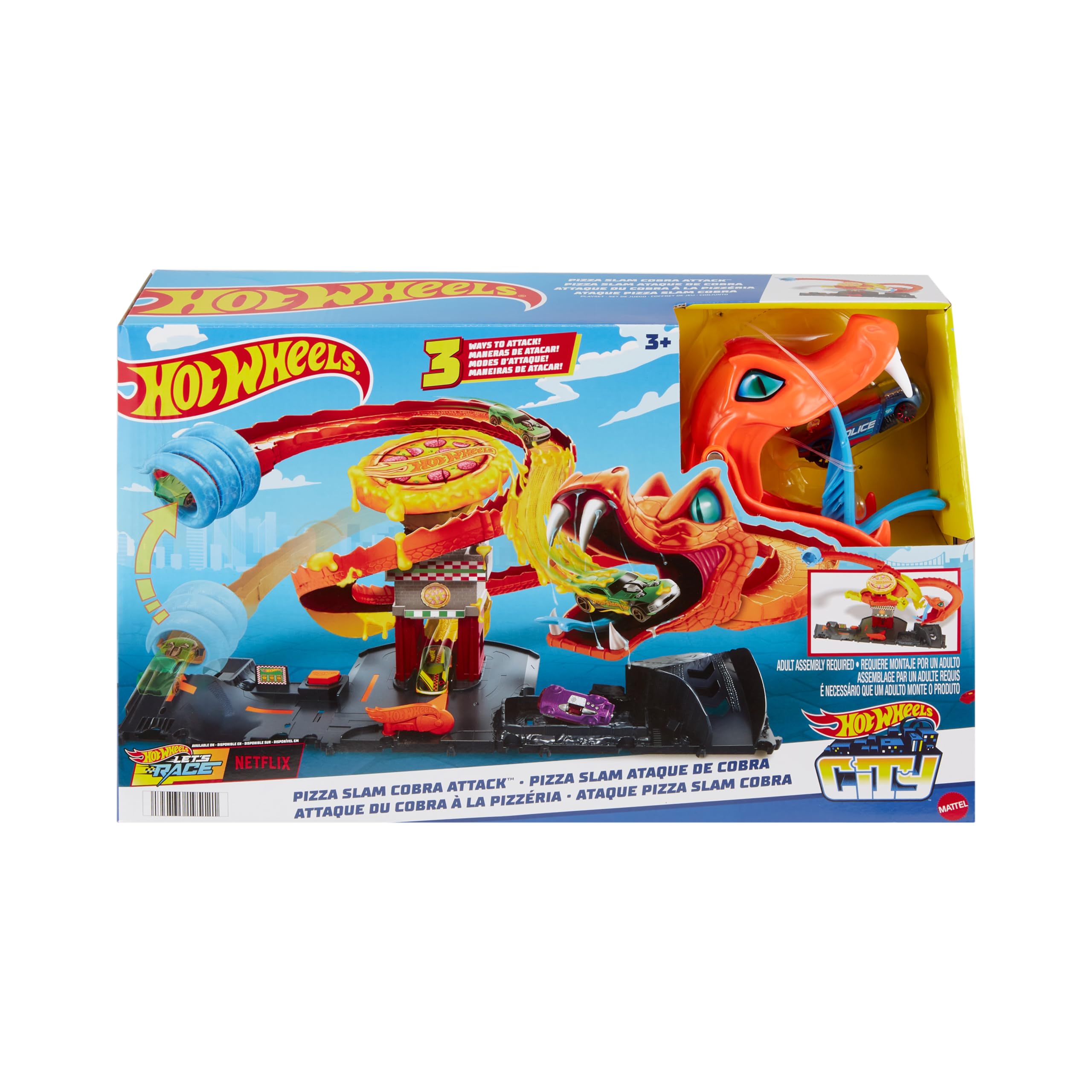 Hot Wheels City Let's Race – Na start! - Netflix - Odjazdowa pizza – Atak kobry Zestaw ze spiralnym torem w kształcie ogona kobry i autkiem w skali 1:64, HTN81