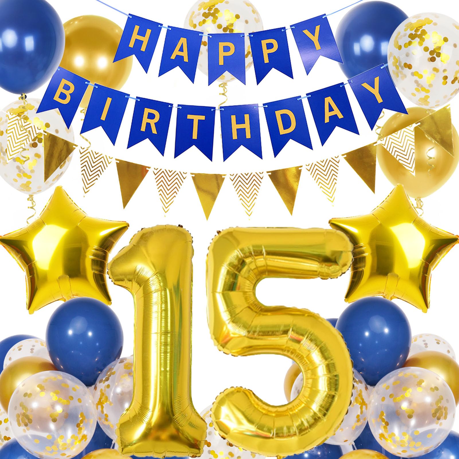 15th Birthday Decorations Boys, Navy Blue Gold Balloons and Happy Birthday Banner, 40 Inch Number 15 Foil Birthday Balloons with Birthday Bunting, for