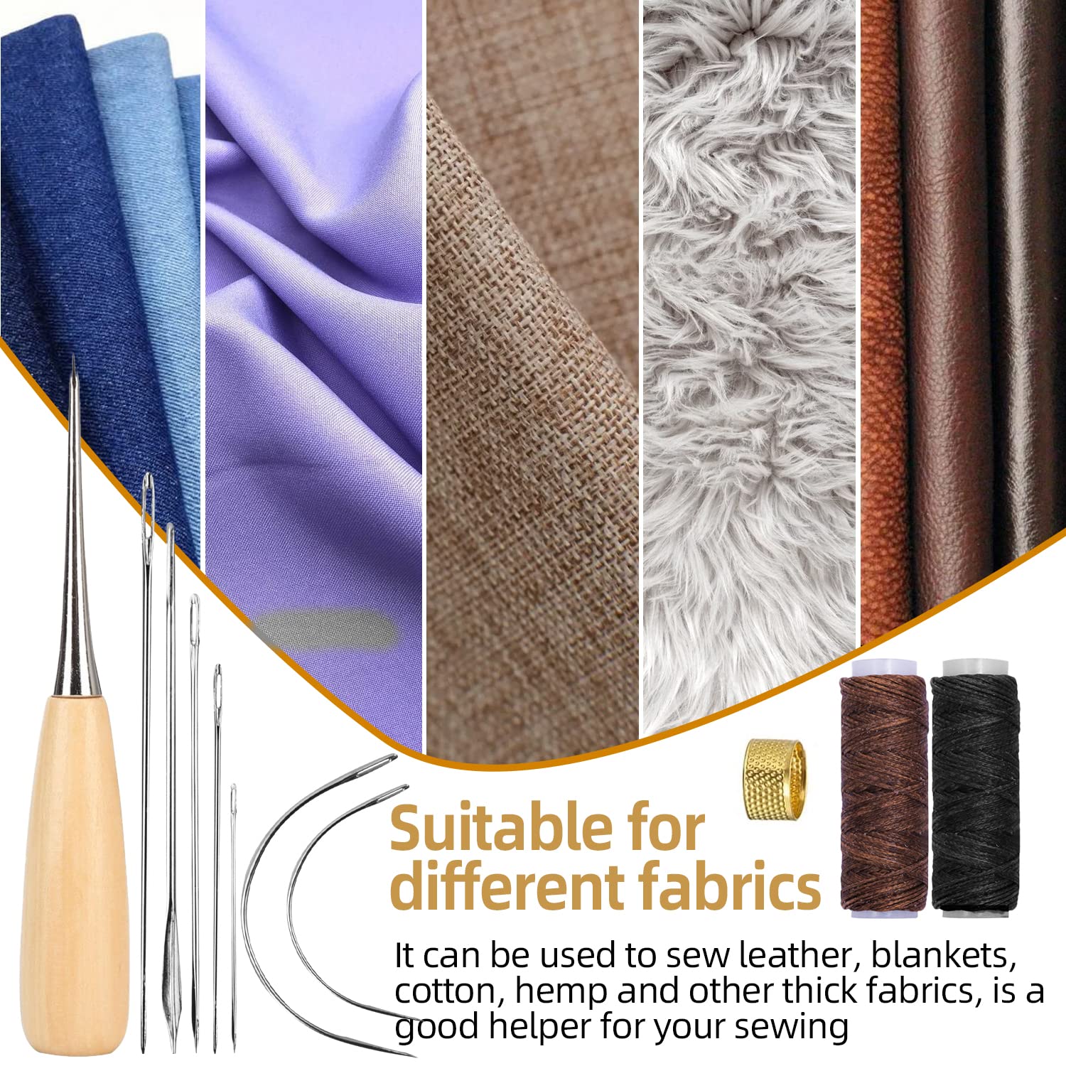 Kit De Couture Cuir 11 Pièces - Aiguilles Courbées, Fil Ciré, Alène, Dé, Pour Réparer Chaussures, Sacs, Sièges