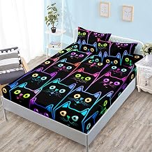 HOSIMA Kawaii Black Boys Queen Size Bedding Set,Colorful Cats in Neat Rows Print Fitted Sheet for Teenage Girl Room Decor,Lightweight Color Aesthetics Animal Bedding,1 Fitted Sheet+2 Pillowcases.