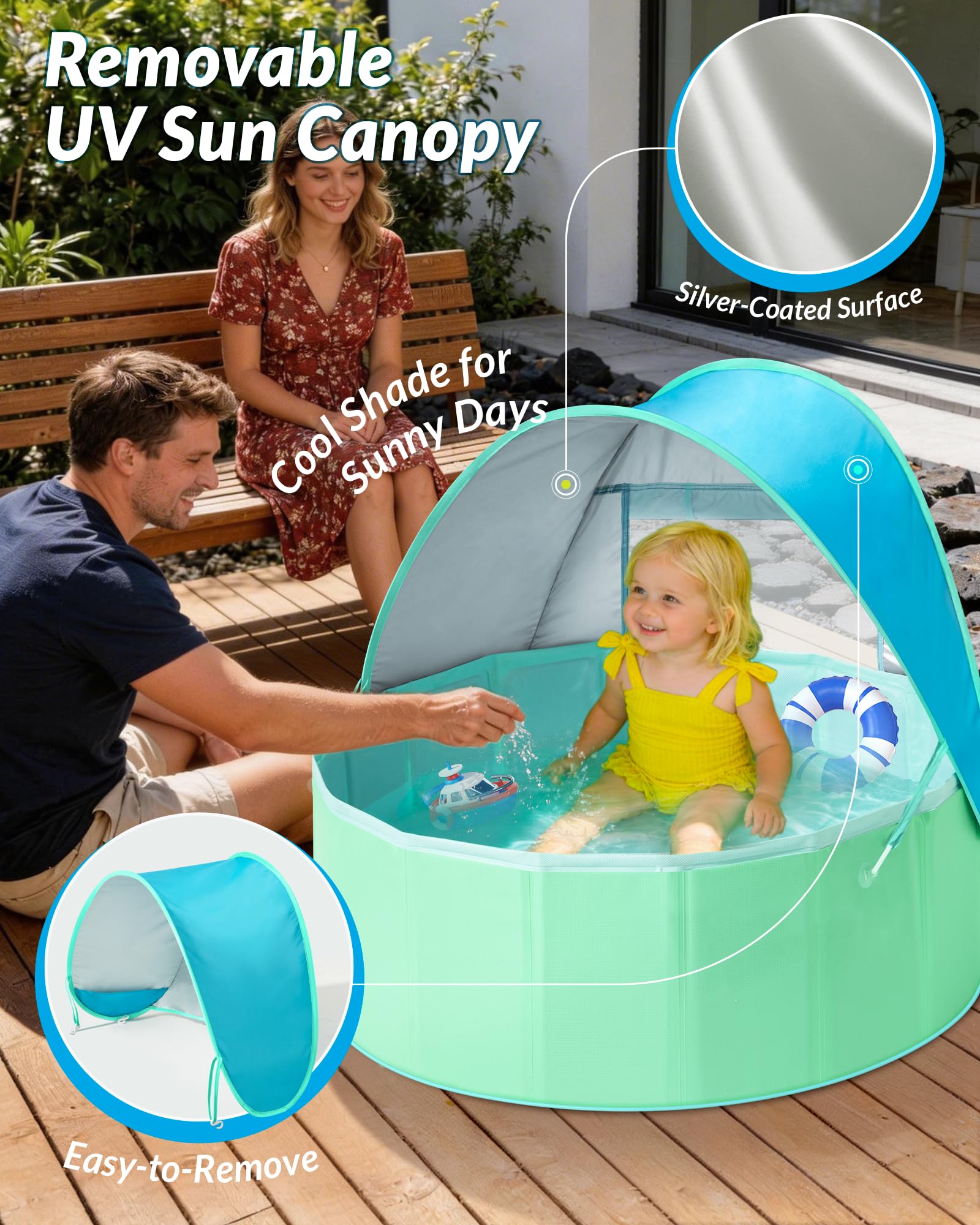 Hikiddy Piscina infantil con sombra: piscina desplegable de 80 cm con toldo para verano, playa, jardín (azul y menta, 80 cm)