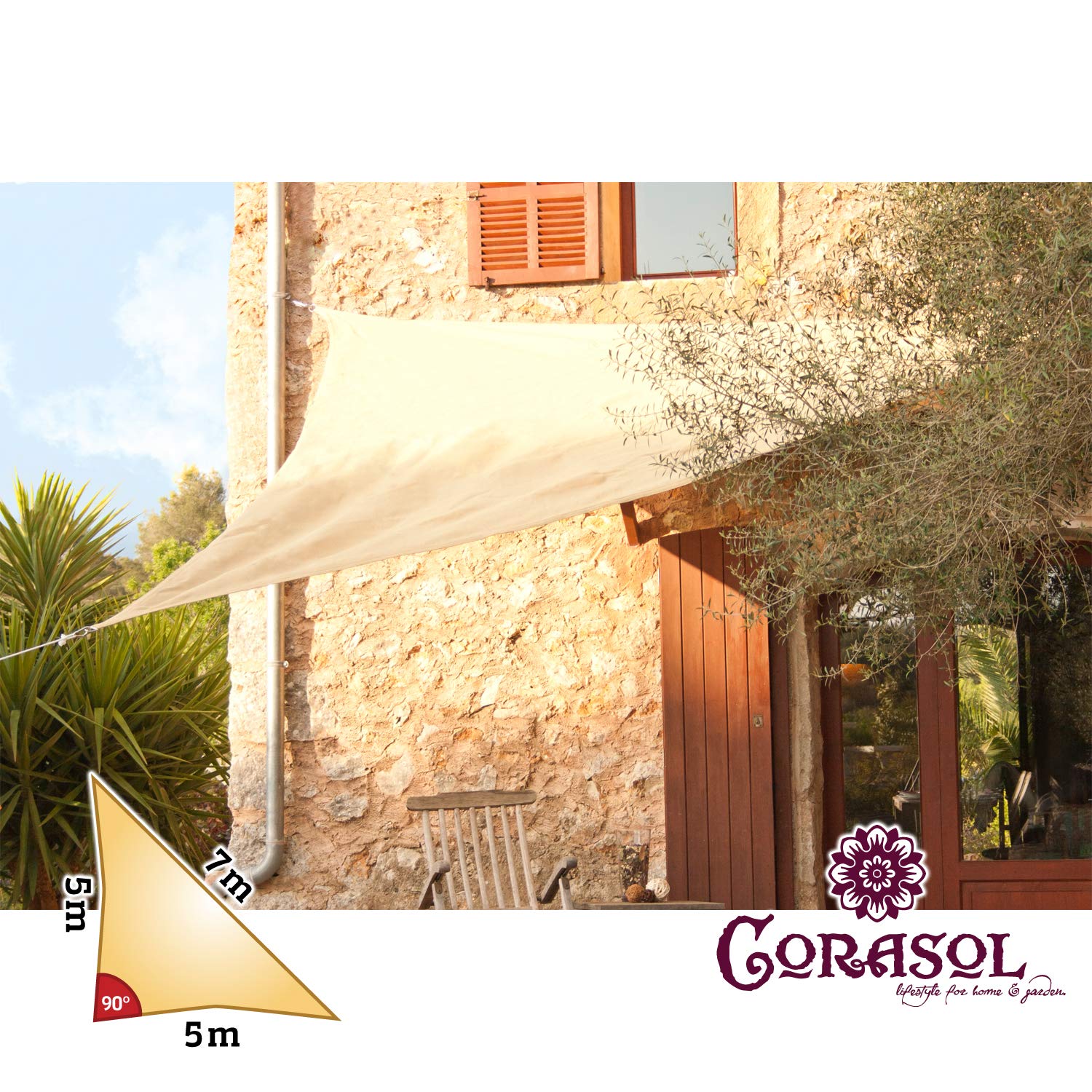 Corasol COR10RA5-SB Premium Sonnensegel 5 x 5 x 7 m, 90 Grad Dreieck, sandbeige