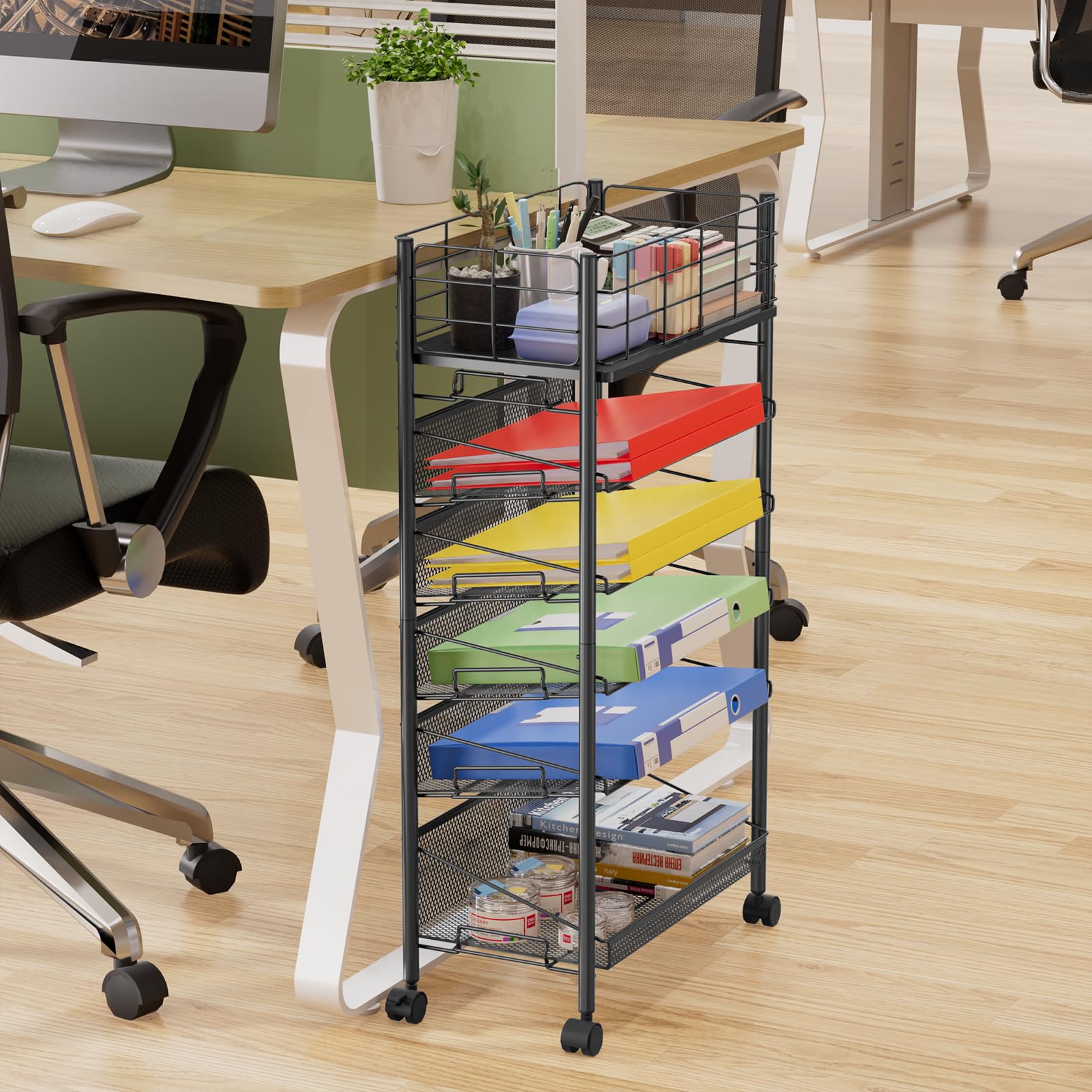 Chariot de Rangement à roulettes pour Livre et Magazines, Mobile 6 Miveaux Métallique Stockage Cart Gain de Place pour Bureau étude Bibliothèque école (Noir)