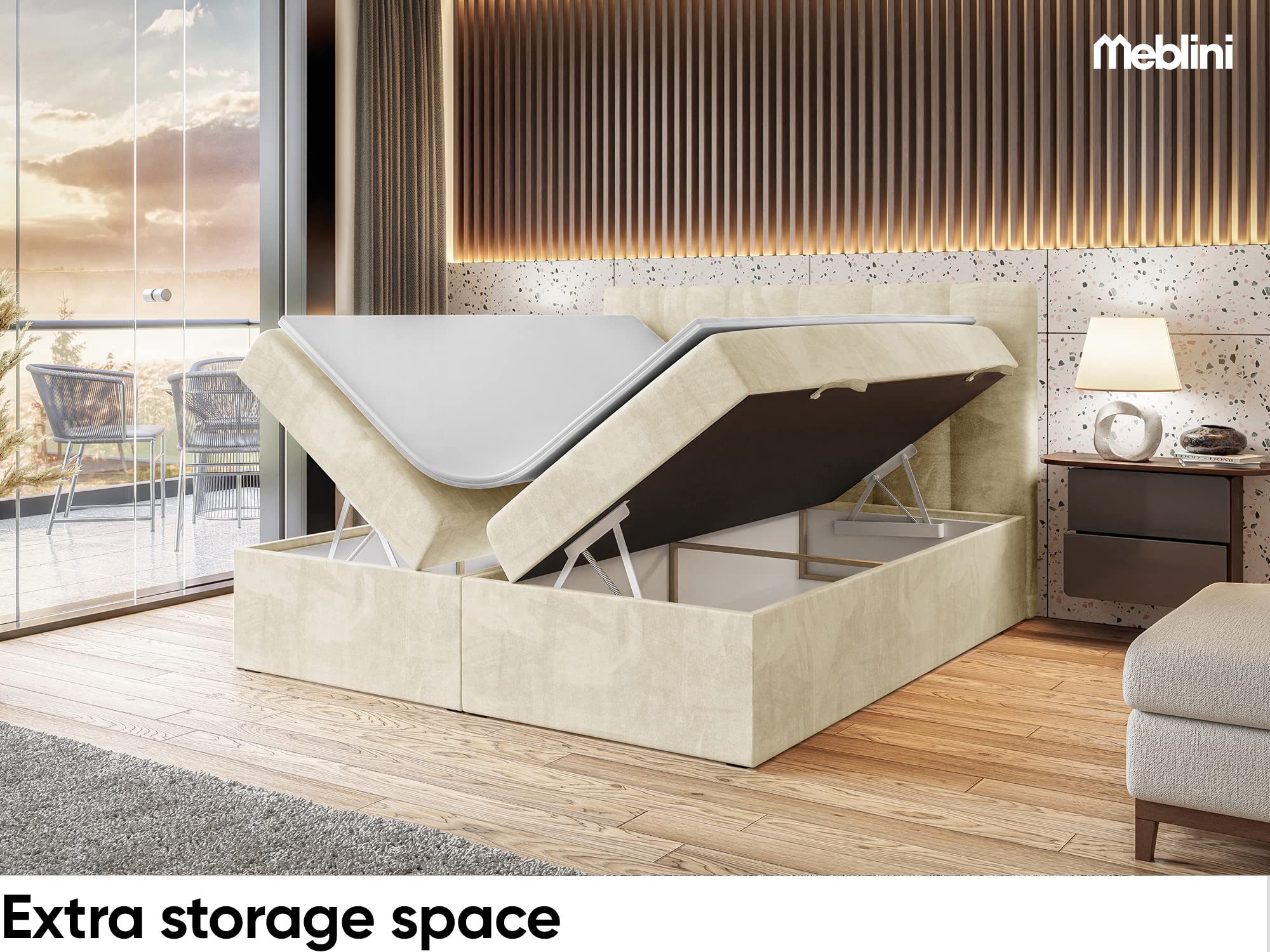 MEBLINI Boxspringbett mit Bettkasten - Gepolstert Doppelbett mit Matratze und Topper - Polsterbett mit Stauraum - Bett mit Kopfteil - Stauraumbett - RACO - 120x200 - H3/Beige Samt
