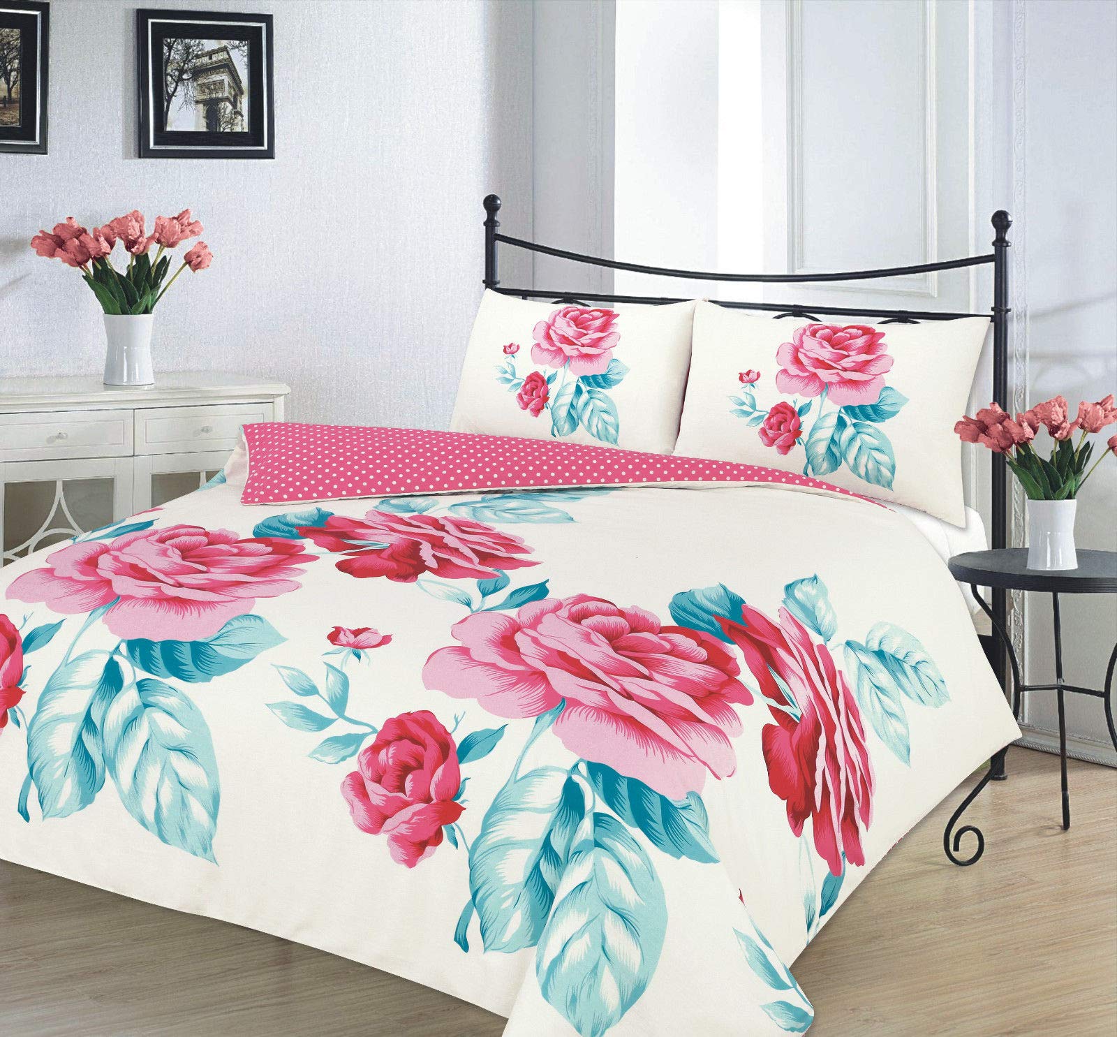 EHDIsabella Floral Pattern Luxurious Modern Duvet Cover Sets Reversible Bedding Sets NZ (Pink/Teal, Double Size)