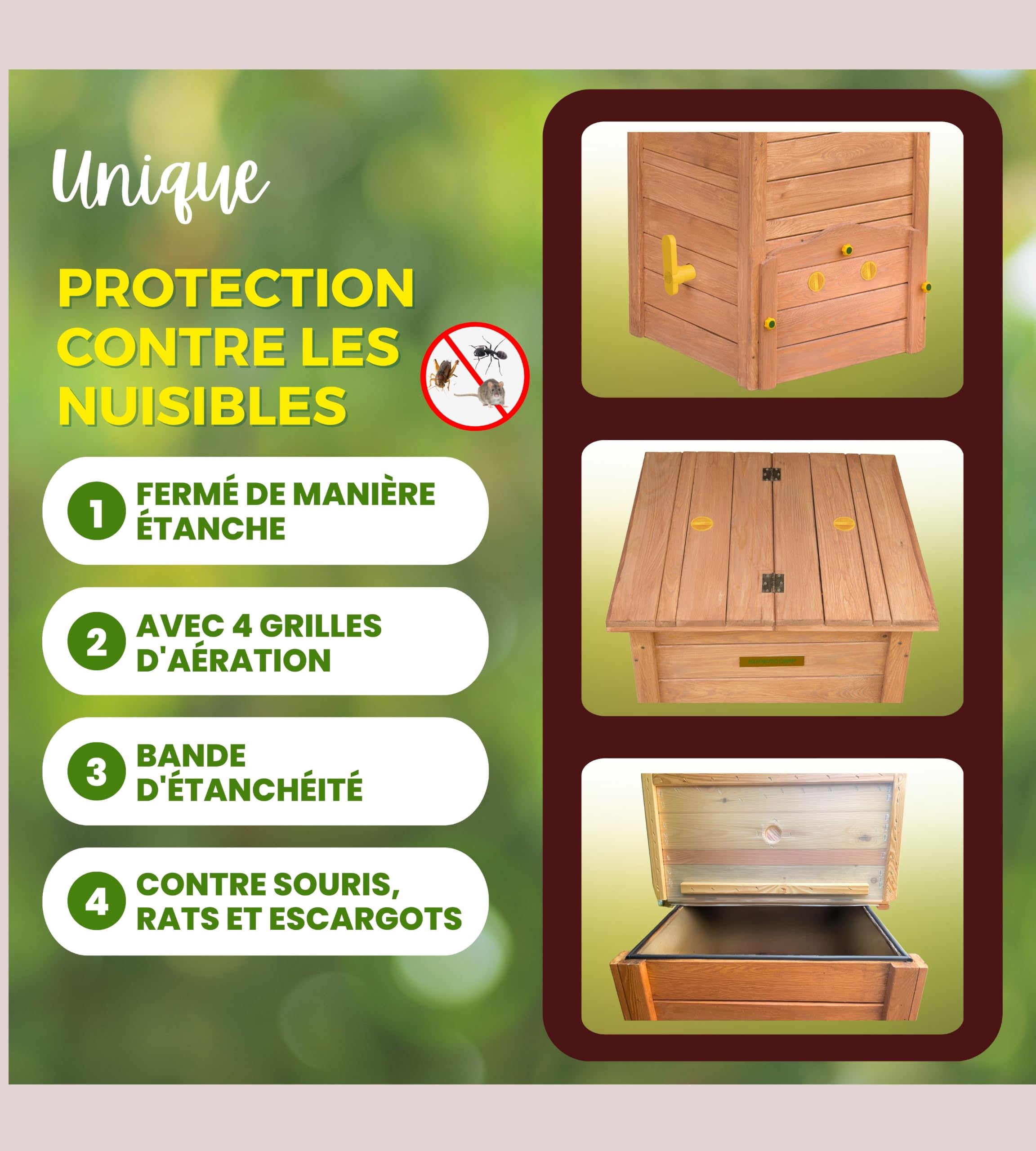 Bac à Compost en Bois 340 L – sans Odeurs, sans Brassage, Aération Verticale, Protection Anti-Nuisibles, avec Plaque de Fond