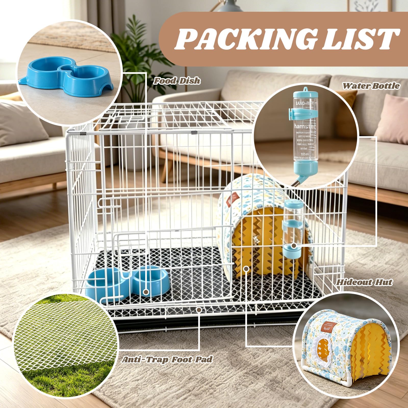 Cage d'intérieur en fil métallique pour petits animaux, 61 x 35,6 x 30,5 cm, avec bouteille d'eau, bol de nourriture et nid lavable, pour hamster, cochon d'Inde, lapin, furet, chinchilla