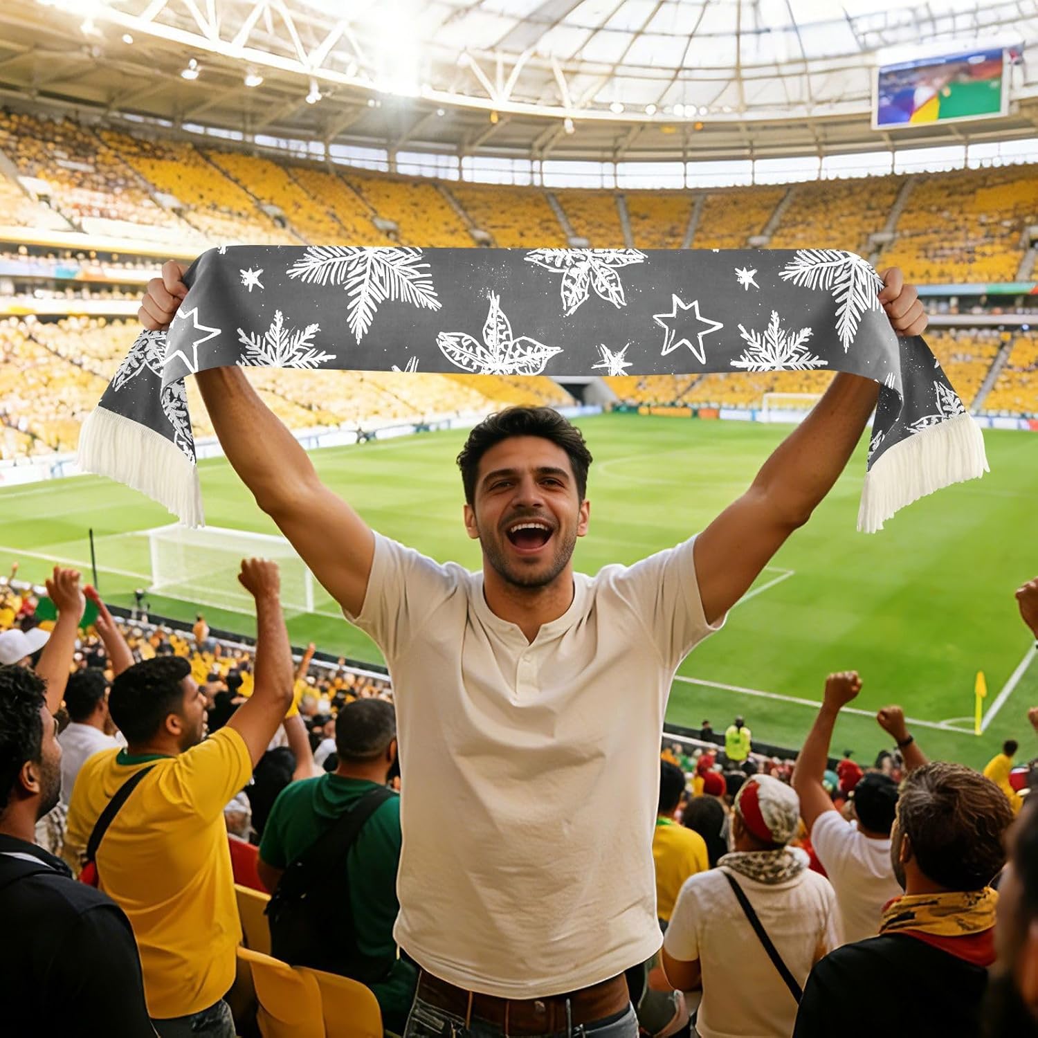 CHIFIGNO Snowflakes Stars Black Sports Fan Scarf for Game Day, Soft Polyester Wrap, Quick Dry Fabric with Fringe Decor