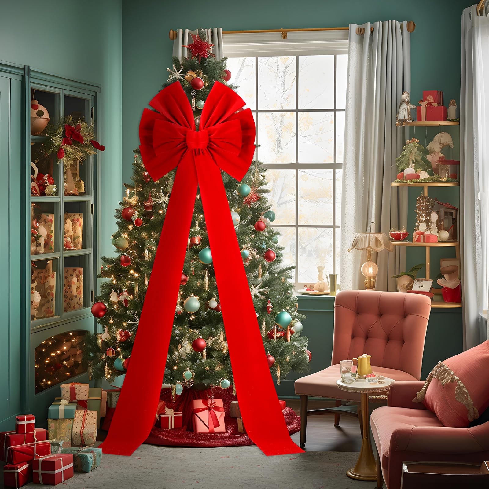 Hungdao Cimier de Sapin de Noël Extra Large – Nœuds géants en Velours avec Longs serpentins – Nœuds décoratifs surdimensionnés pour Sapin de Noël, Porte d'entrée, terrasse et décoration extérieure
