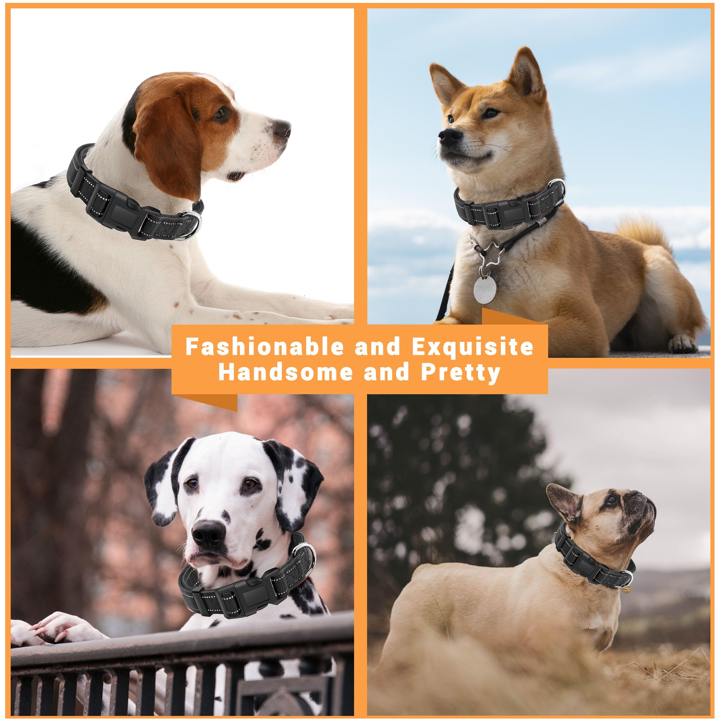 Paquete de 2 collares reflectantes para perro con hebilla de bloqueo de seguridad, ajustable, suave, transpirable, cómodo, de nailon, para perros pequeños, medianos y grandes, negro, M