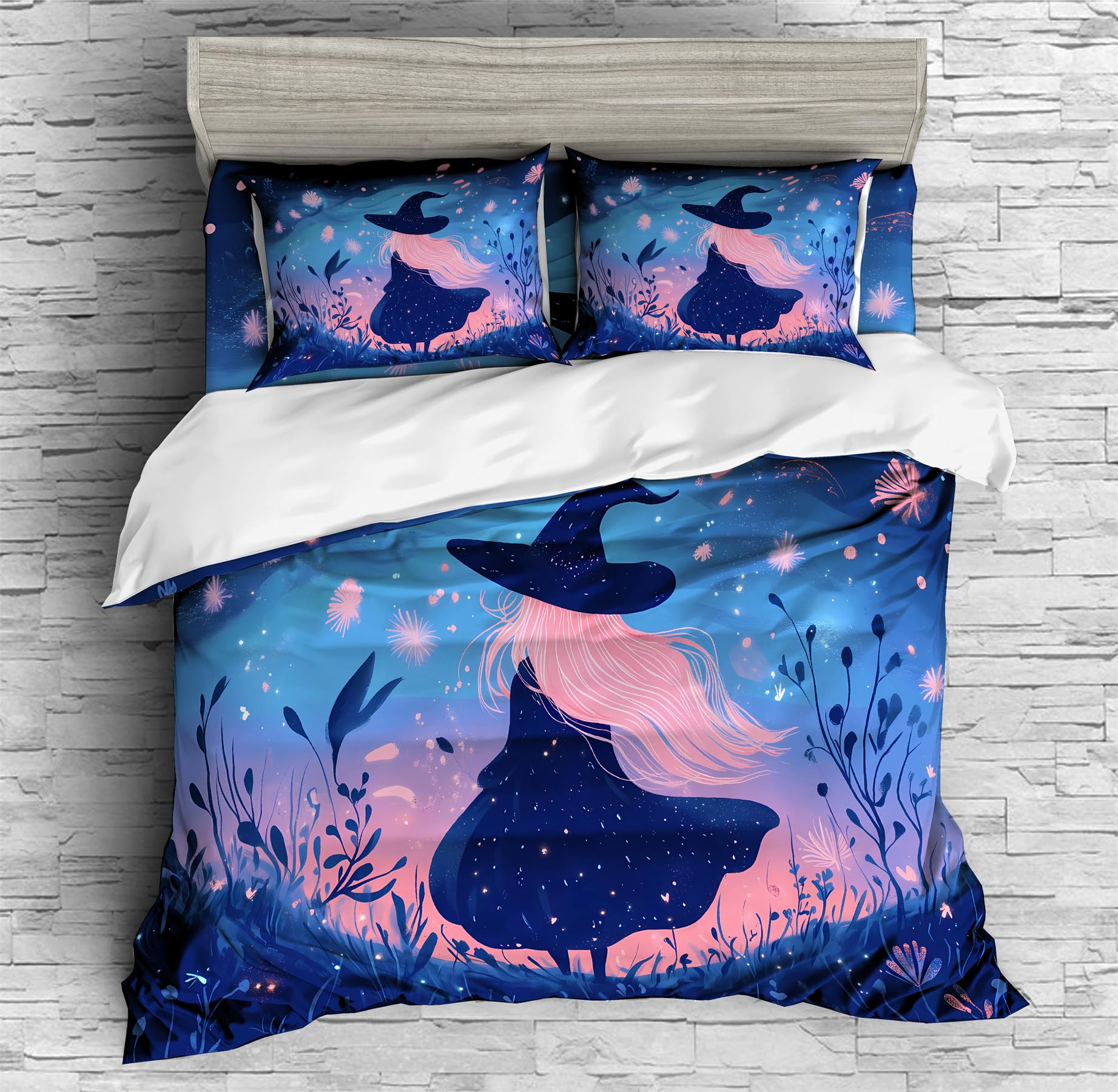 REALIN Cartoon Witch Bedding Halloween Decor for Witch Lovers Duvet Cover Set Girl Boy Kids Bed Sets 3/4PCS Quilt Covers/Sheets/Pillow Shams,Twin/Full/Queen/King (A,Twin-172x218cm-4PCS)
