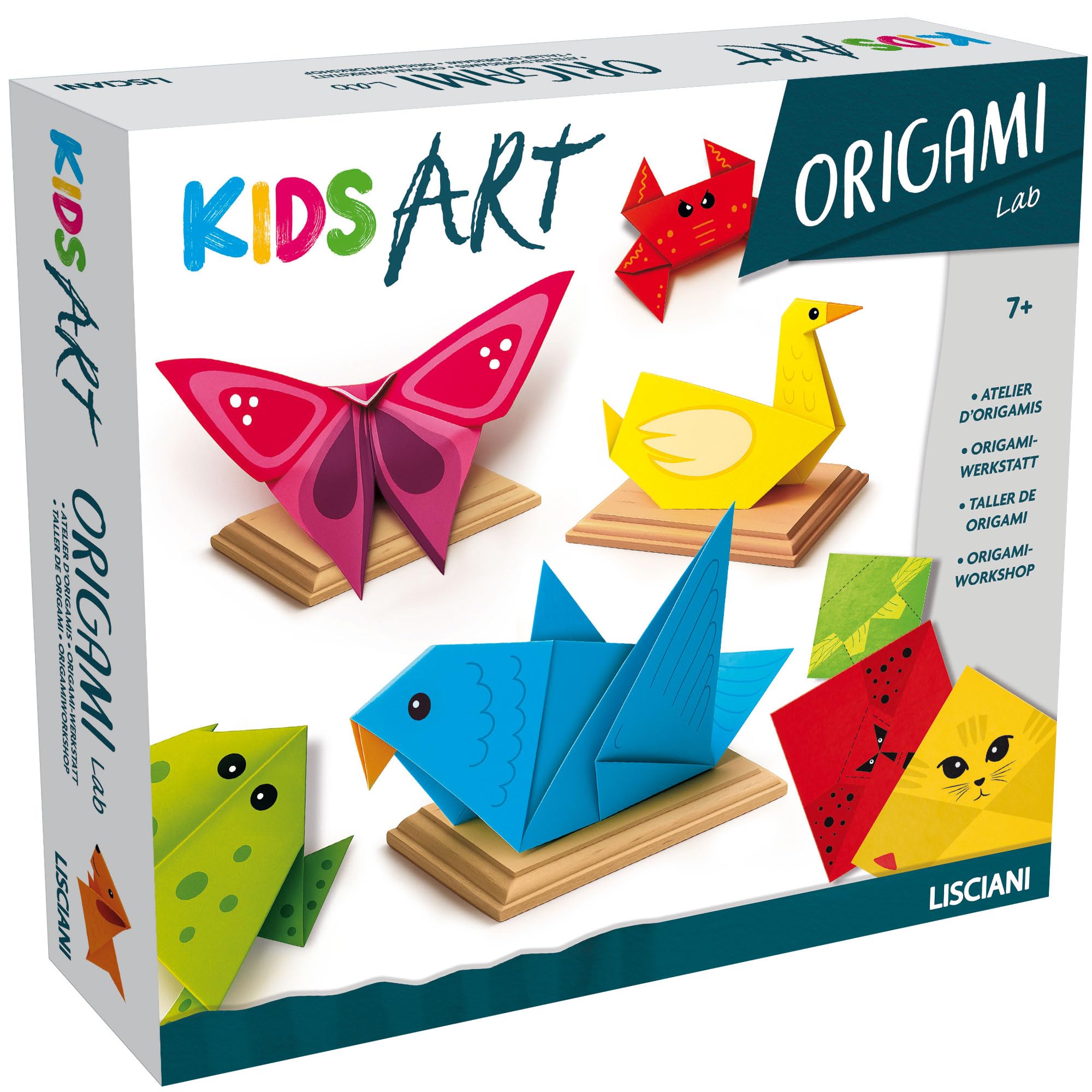 Lisciani - Kids Art - Origami Lab - Kit Origami pour Enfants dès 7 Ans - 105 Feuilles Origami Colorées - Manuel Illustré avec Instructions de Pliage - 4 Supports en Bois pour Exposer Les Créations