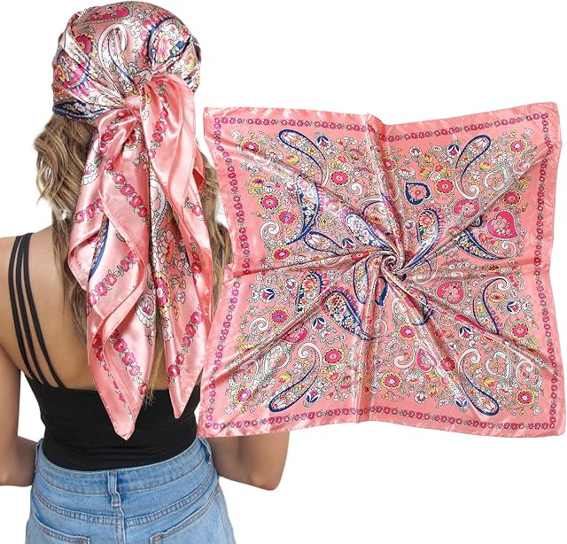 AWAYTR 35" Grande écharpe de tête satinée carrée - Écharpe de cheveux en soie carré Bandanas Grande écharpe tête de couchage Wraps pour les femmes
