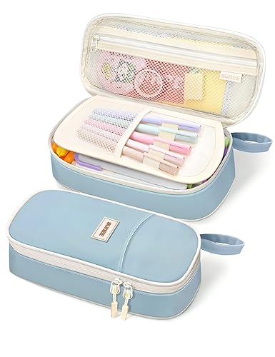 SUNEE Cute Pencil Case, Aesthetic Pen Pouch, Colored Large Pencil Bag with Zipper, Kawaii Stationery Storage and Organizer, School Supplies for Teen and Adult Girls, Blue - Blue