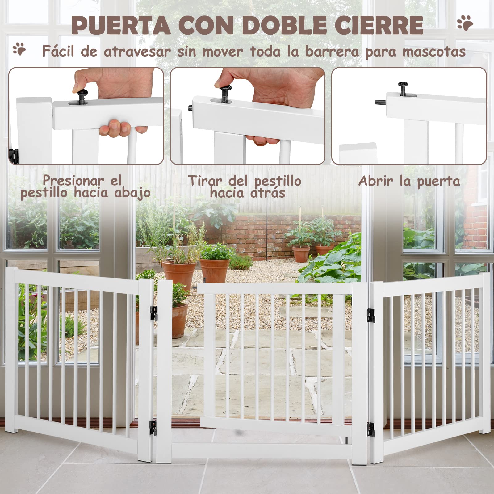 COSTWAY Barrera Plegable de 3 Paneles, Barrera de Seguridad Extensible para Perros, Recinto de Seguridad de Pino para Puertas, Escaleras, Pasillos, Montada 210 x 61 x 1,8cm