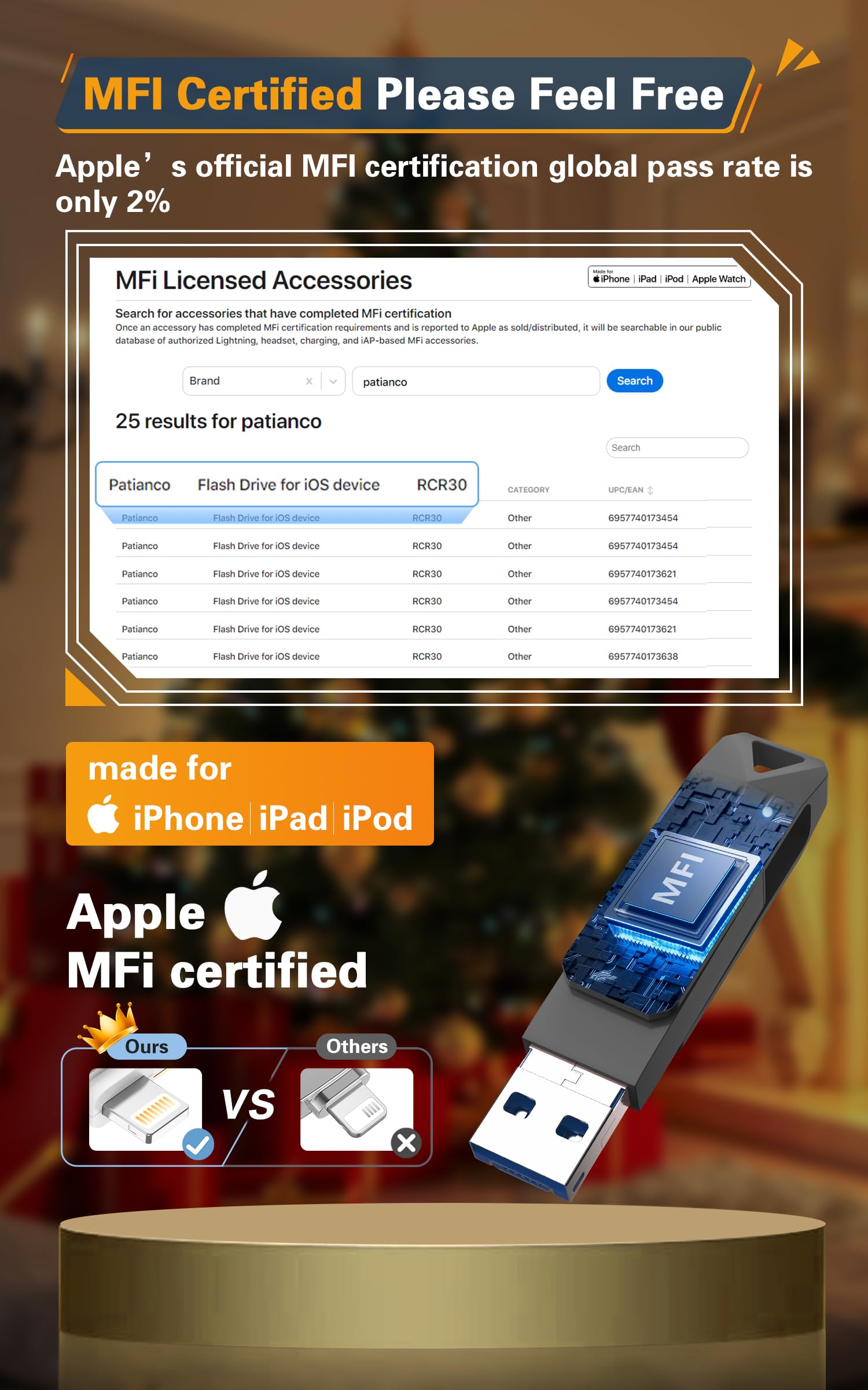 Patianco Chiavetta USB per iPhone 256GB [MFi Certified] USB 3.0 Pendrive per Lightning Chiave USB C Memoria Stick 3 in 1 Backup Rapido con un Clic per OTG Android/Mac/PC/Type C-iPhone/iPad(256GB,Nero)