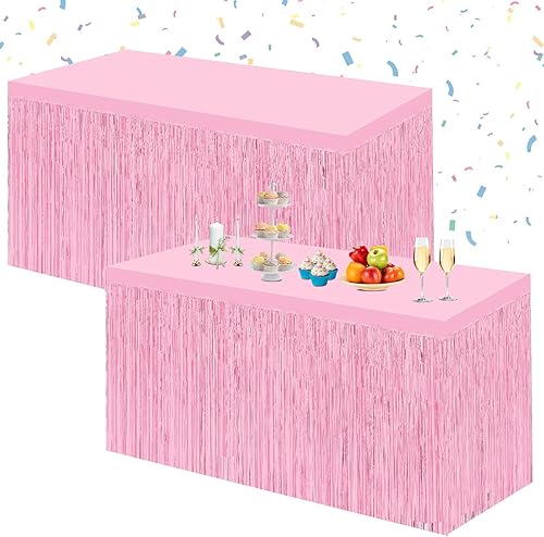 Morcheiong Paquete de 2 faldas de mesa de oropel de papel de aluminio rosa de 29.5 x 108 pulgadas, para mesas rectangulares, cortina de fondo de