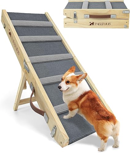 TNELTUEB Rampa para perros ajustable, plegable de madera portátil para mascotas, 32.68 pulgadas de largo y 4 ajustables de 11 a 19 pulgadas con
