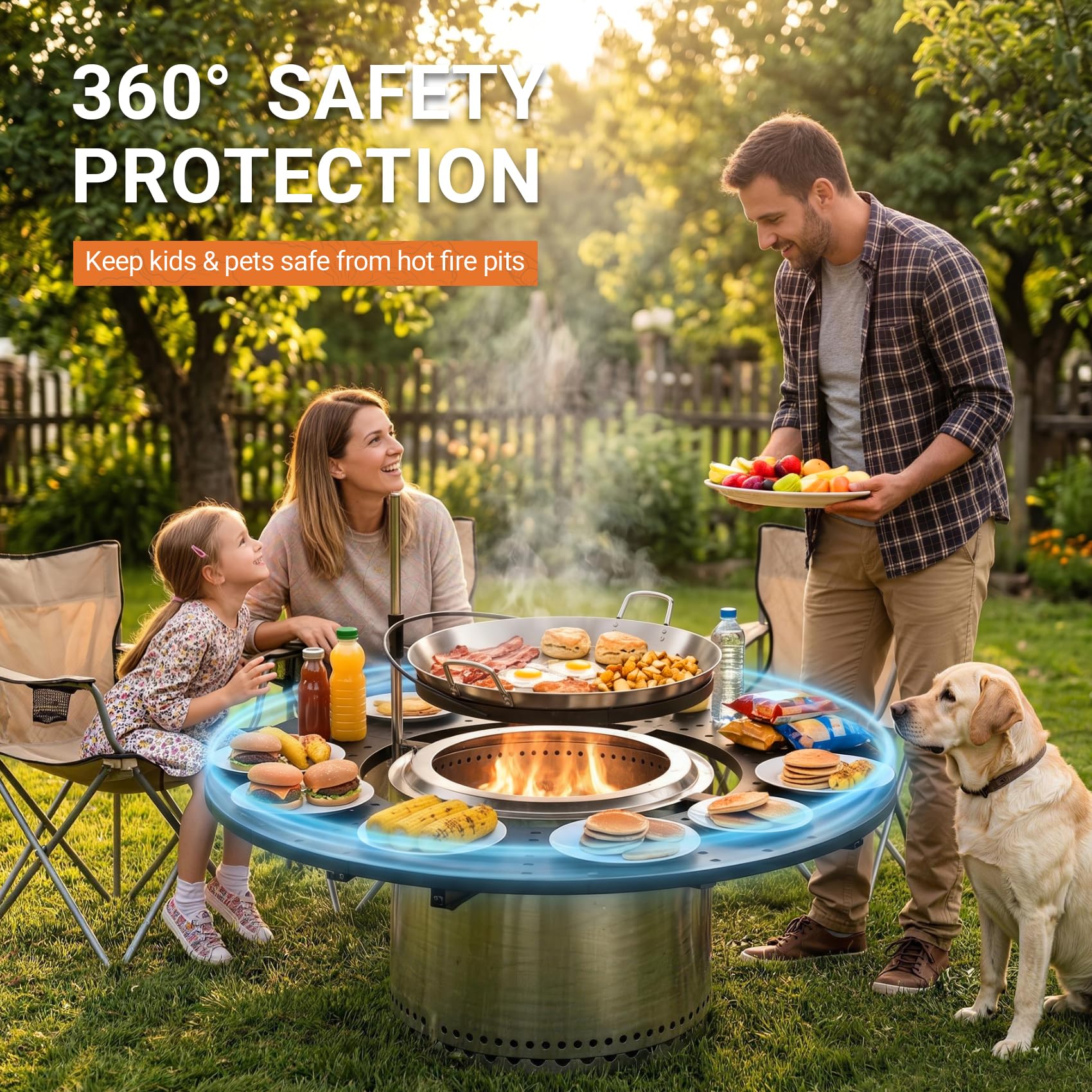 onlyfire 3-in-1 Feuerstelle Surround Tischplatte für Solo Stove Bonfire 49,5cm, Höhenverstellbar & 360° Schwenkbar, Abnehmbar Runde Feuerstellentisch mit Grillrost & Pfanne für Getränke und Speisen