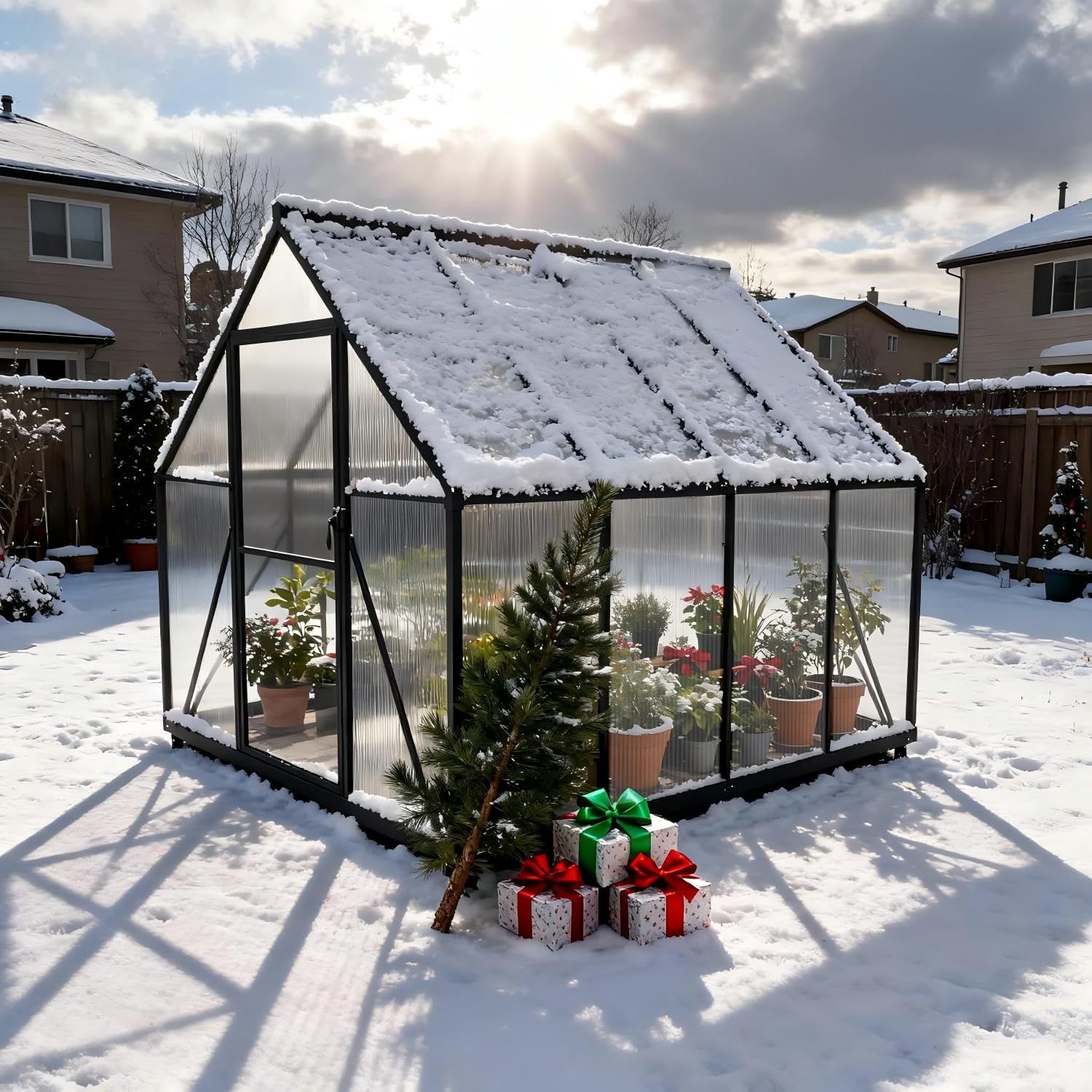 Aufun Premium Gewächshaus Aluminium, 2.25m² Gartengewächshäuser mit 6 cm Fundament und 4 mm PC Platte Treibhaus Tomatenhaus Gartenhaus UV beständig Wetterfest für den Garten, 125x180x195 cm